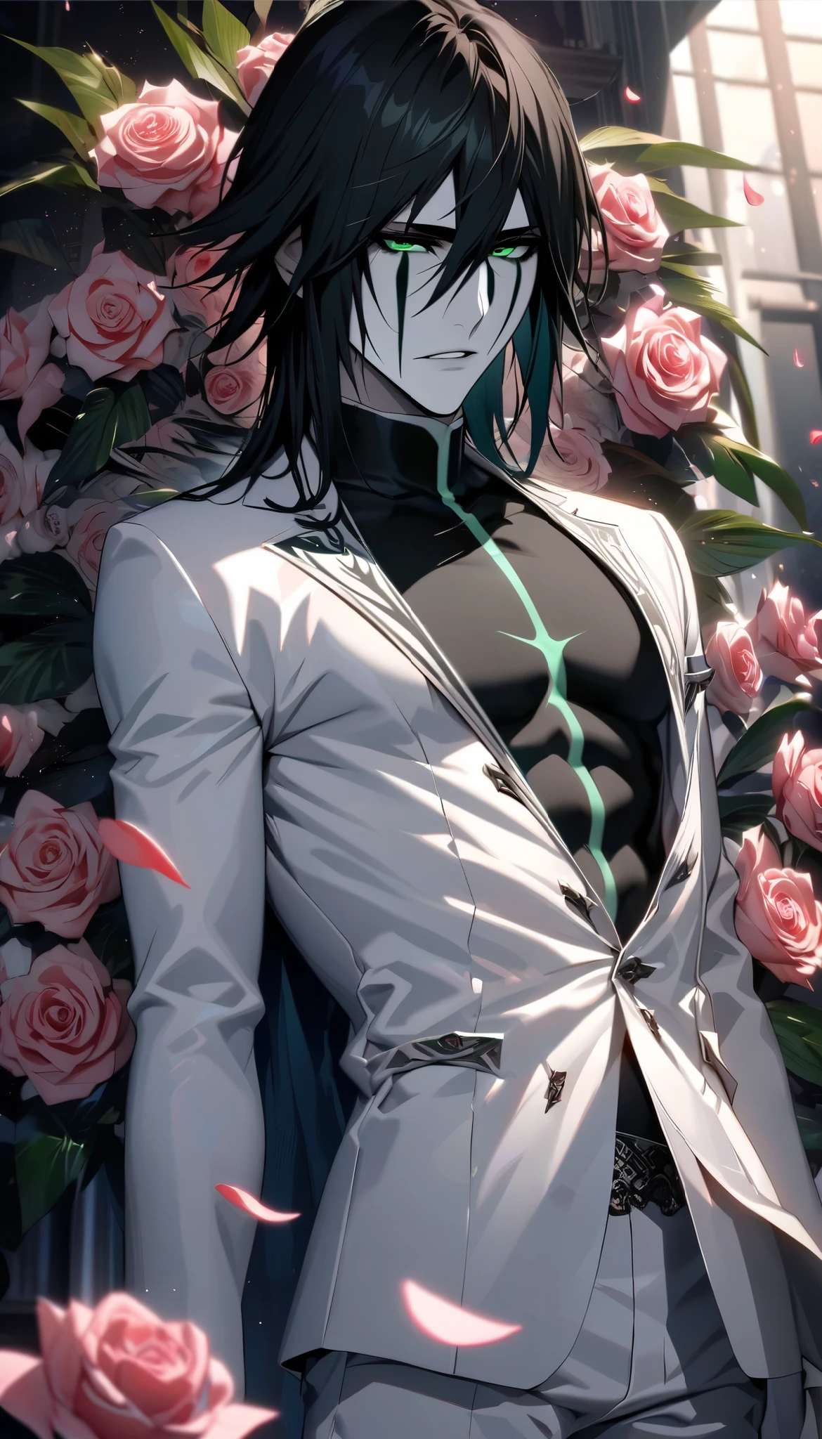 Ultra detailed, highres, absurdres, HDR, Ulquiorra cifer, black hair, green eyes, pale skin, arrancar white clothes, Bleach, handsome, 1 man only, water, pink petals, flowers, butterflies,