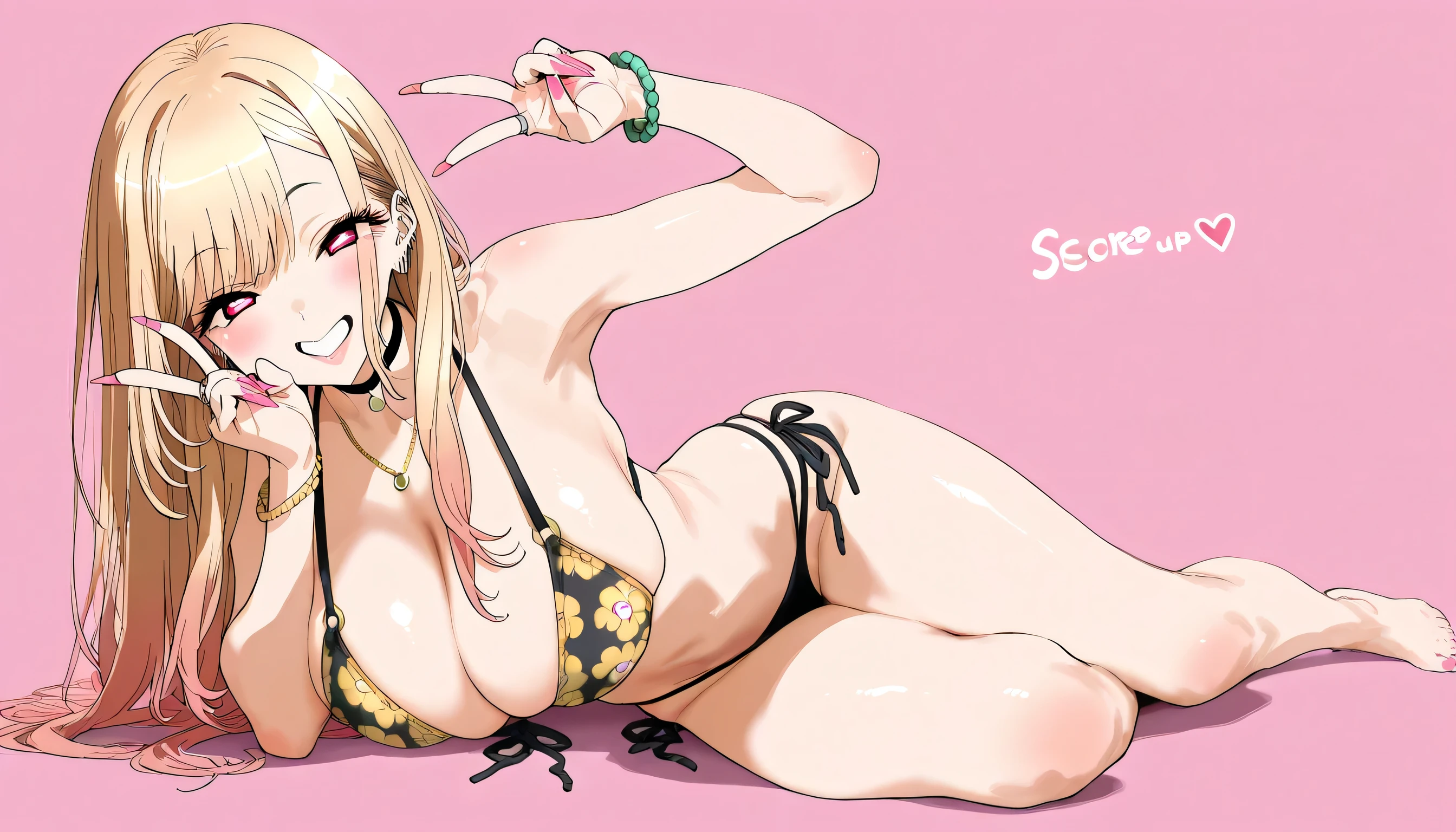 1girl, bimbo, black eyebrows, huge , bikini ,(((gyaru))), half open eyes, pink eyes, smiles, barefoot, , Score_9,Score_8,score_7_up,source_anime, rating_questionable, ((detailed face)) marin kitagawa, shiny skin, full body, cleavage, simple background, ((one hand doing peace sign)), five 5 fingers,