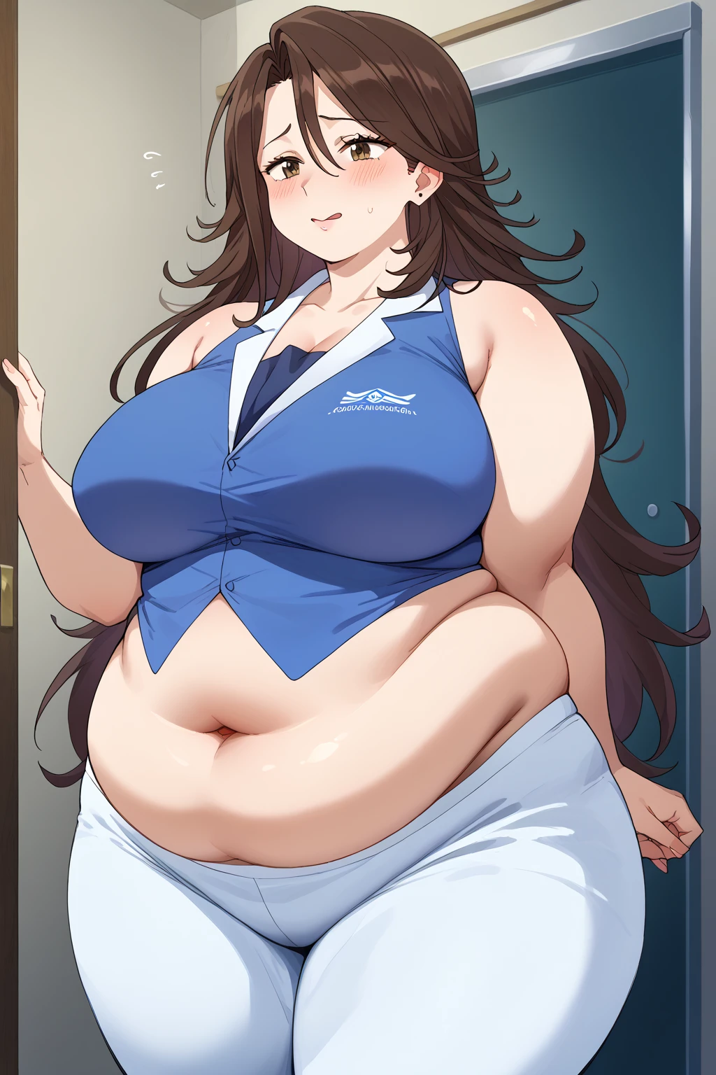  Sumeragi Lee Noriega ,  Sumeragi Lee Noriega ,blue shirt, sleeveless ,White trousers,Exposed navel,Obese middle-aged woman, troubled expression, embarrassing expression ,milf, chubby, score_9,  score_8_ up、 score_7_ up、 score_6_ up、 score_5_ up、 score_4_ up、 masterpieces at the front door of the house、 top quality , very aesthetic,  absurd、 source screen cap ,  one woman、Alone、 personal  、 brown eyes、 brown hair 、 long hair、Super huge breasts,  super huge clevis、Super huge, Super huge boob,Curvy、 wide hips、 