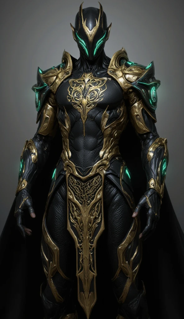 This image shows a character wearing black and gold armor. The armor design is very intricate, featuring green glowing elements. The character's pose is very elegant, with the left hand raised and the right hand hanging naturally. The details of the armor are very rich, including the decorations on the shoulders and the complex patterns on the chest. The overall look gives a sense of power and mystery.