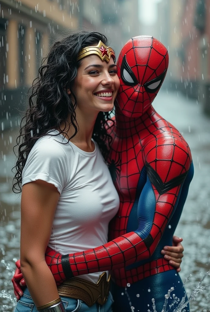 a 20-year-old male with dark fadeout hair and glasses, wearing spider superhero outfit, big male bulge , he's crouching down on top of a lying female on the ground. She’s wearing a lgbt shirt