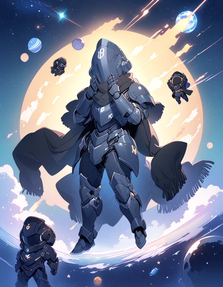 Detailed 8k cute theme , male horseman in iron helmet covering his entire face and scarf, wearing black technological armor with outer space in the background ( full body )