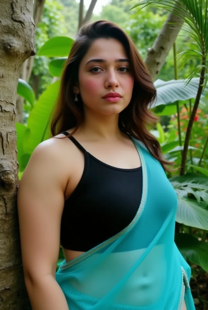 16 years  old Indian girl standing in a tropical forest. She is wearing a black tank top and a turquoise saree. She has long dark hair and is looking directly at the camera with a serious expression. The background is filled with lush greenery, including trees and plants. The woman is standing next to a tree trunk, and her body is slightly turned to the side. The overall mood of the image is peaceful and serene.