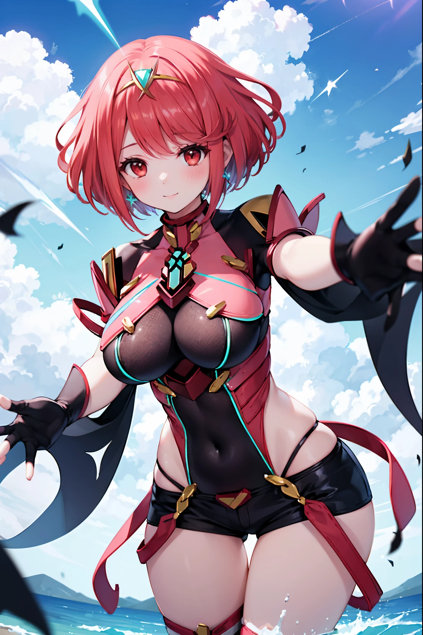 score_9, score_8_up, score_7_up, source_anime, rating_safe, BREAK pyra \(xenoblade\), 1girl, red hair, short hair, swept bangs, bob cut, red eyes, large breasts, tiara, earrings, chest jewel, backless outfit, bodysuit, covered navel, neon trim, clothing cutout, short sleeves, fingerless gloves, black gloves, short shorts, red footwear, thigh boots, floating, dutch angle, light smile, eye focus, closed mouth, looking at viewer, facing viewer, reaching towards viewer, outstretched arms, wind, floating hair, fire, aura, lightning, light particles, light rays, blue sky, cloud, sunlight, lens flare