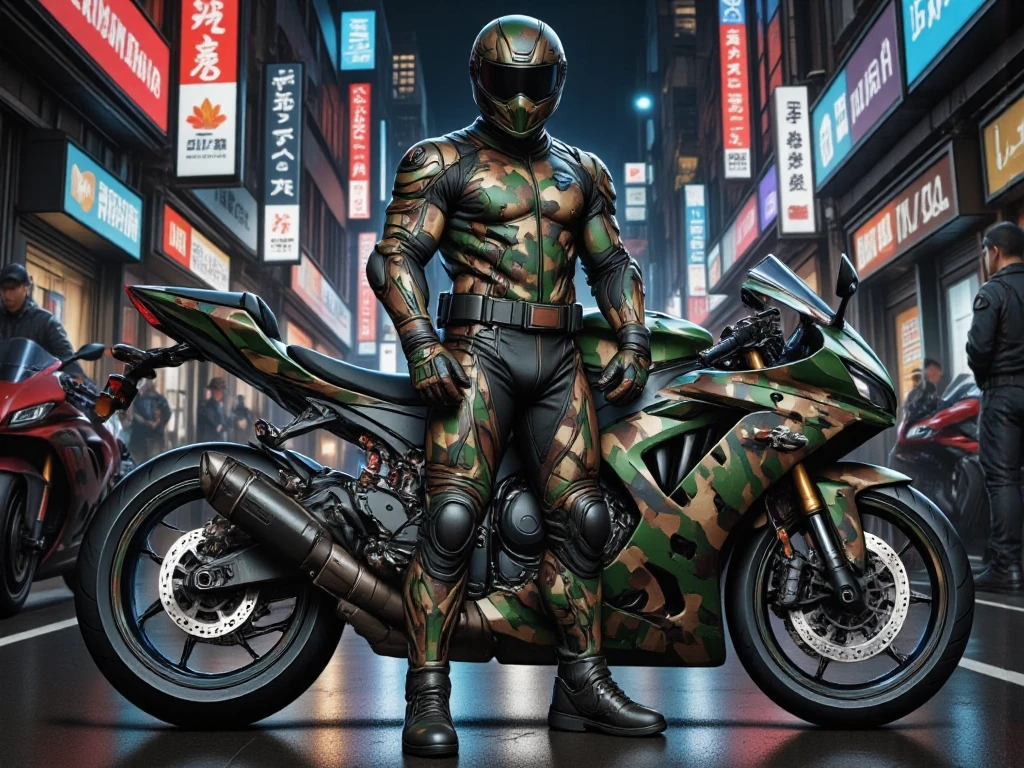 A full-body image of a muscular adult male dressed in military tactical gear, wearing a camouflage leather full-body suit, camouflage mask and camouflage Racing Boots. The sleek leather outfit provides full coverage, exuding a dark and intense atmosphere. The scene is illuminated by low light, casting dramatic shadows that enhance the mysterious and powerful presence. He stands beside a heavy-duty military camouflage 1000cc Sportbike , ready for action, in a futuristic cyberpunk city street filled with neon lights and advanced technology. The composition emphasizes his commanding stance and the tactical precision of his gear, blending a sleek, futuristic aesthetic with a gritty, law enforcement vibe.,future army,Racing Helmet,army green camouflage