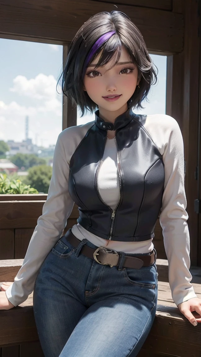 Gogo tomago,(best qualityer,4K,8k,high resolution,work of art:1.2)(weather: cloudy), Mondstadt farm background, horse stables, white long sleeve blouse, cowboy leather vest, brown belt, tight denim jeans, cowboy boots, flower hair jewelry, cheek mole, short wavy hair, black hair with purple highlight, ultra detailed, realistic, portrait,beautiful detailed brown eyes, glowing eyes,blush,beautiful detailed lips,extremely detailed eye and face, long eyelashes,sexy,average, medium breasts,beaming smile, sexy smile, powerful girl, flirty pose, stunning curves, bright coloured, dramatic lighting, hair flying,