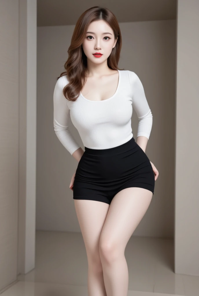  beauty　 white skin　Red lipstick　 eyeliner　 skirt 　long curly hair big boobs　 crossed legs 