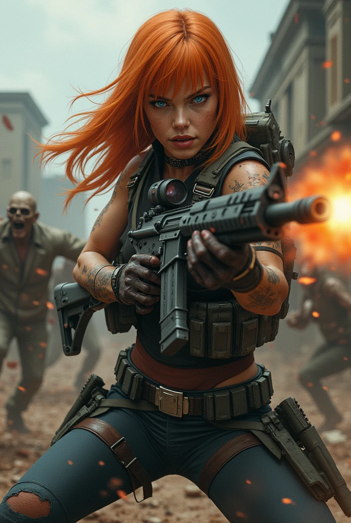 half body, ((apocalyptic)), action photo of a red head woman attacked, punk, next to ruins, blood, nsfw, detailed face, eyes, clothed mouth, corrupted clothes