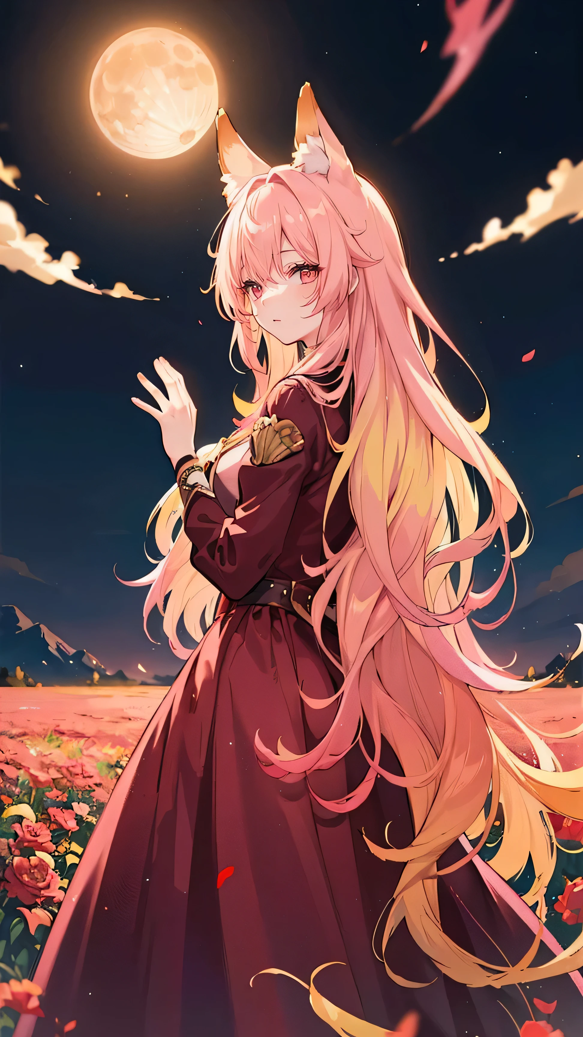 golden hair, [(gradient hair from golden to pink :1.5):0.4], long hair, deep red long dress, adult woman, fox ear,whole body,Moonlit Night. looking back,delicate, high image quality,Flower Field,Beautiful hands