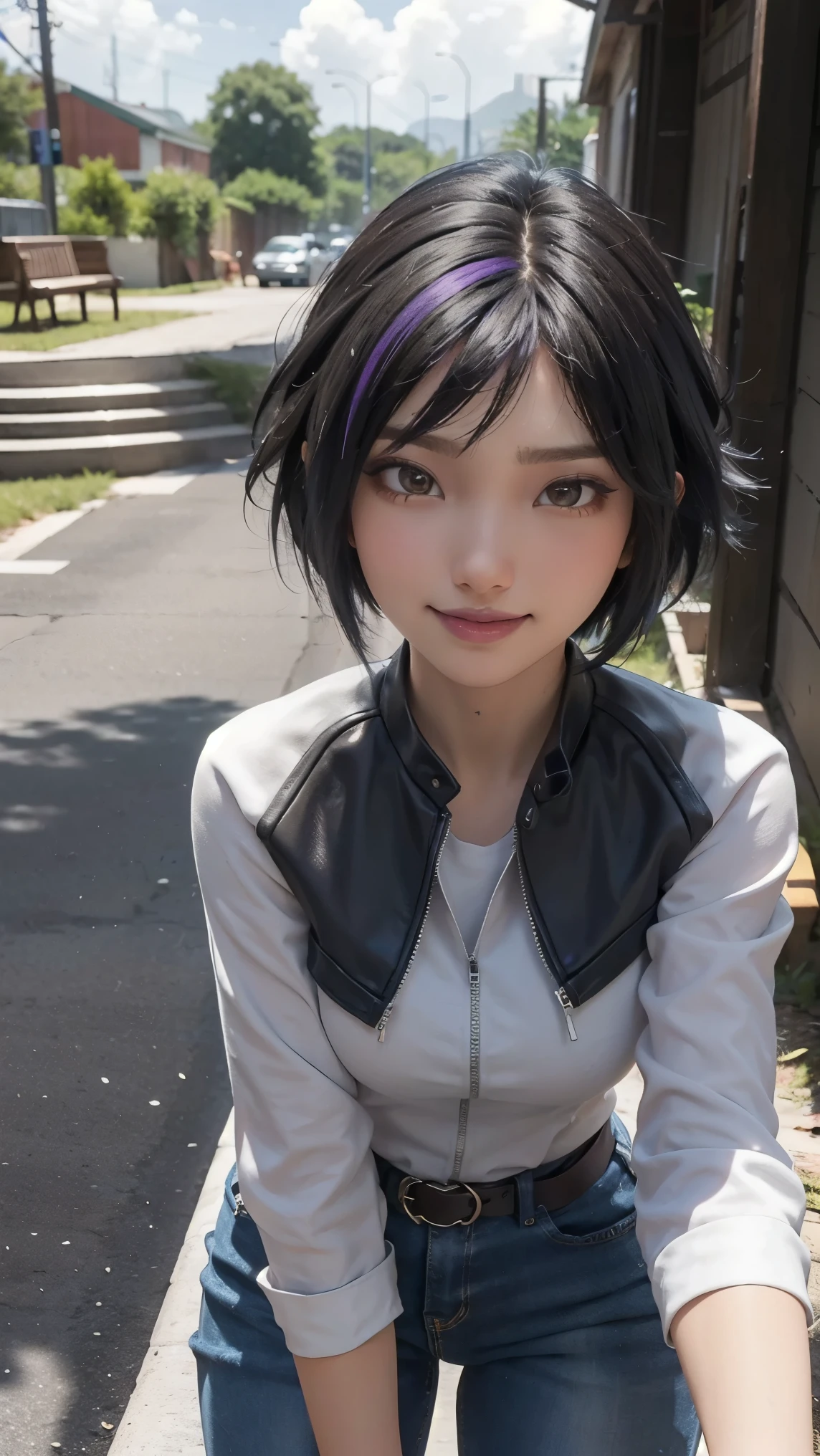 Gogo tomago,(best qualityer,4K,8k,high resolution,work of art:1.2)(weather: cloudy), Mondstadt farm background, horse stables, white long sleeve blouse, cowboy leather vest, brown belt, tight denim jeans, cowboy boots, flower hair jewelry, cheek mole, short wavy hair, black hair with purple highlight, ultra detailed, realistic, portrait,beautiful detailed brown eyes, glowing eyes,blush,beautiful detailed lips,extremely detailed eye and face, long eyelashes,sexy,average, medium breasts,beaming smile, sexy smile, powerful girl, flirty pose, stunning curves, bright coloured, dramatic lighting, hair flying,