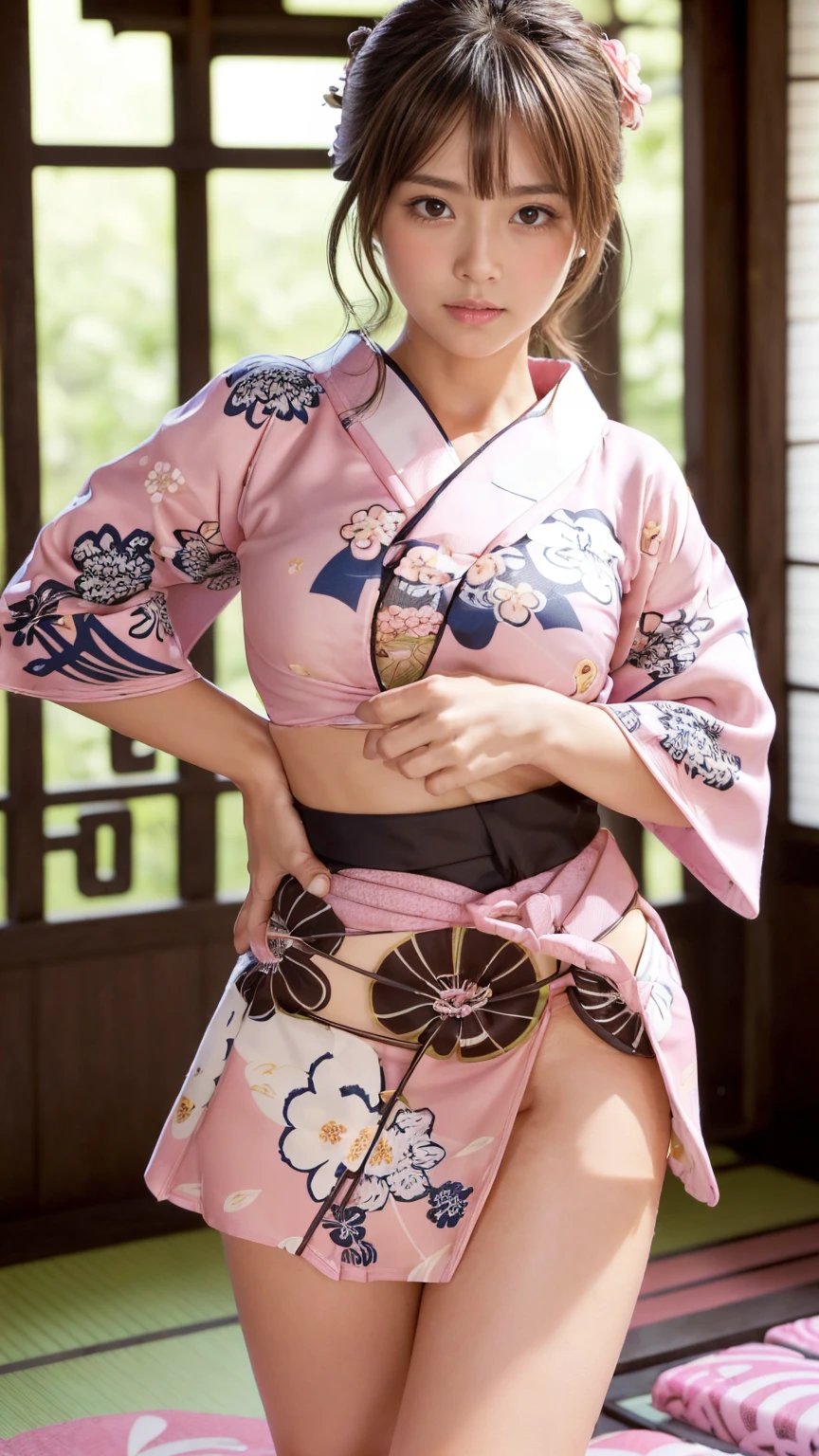 masterpiece, Highest quality,Very detailed,High resolution,(Realistic,photoRealistic:1.37),Excellent anatomy,One beautiful woman,1,Sexy Idol,(((Focus on the thighs:1.5))),(((no panties:1.6))),(((a little genitals are visible))),A small smile,(((Sexy and cute:1.5))),(((Ultra-mini skirt pink floral yukata:1.6))),((Very delicate and beautiful)),((Lively summer festival background:1.3)),Brown Hair,Long Hair,bangs, Floating Hair NovaFrog Style,Very beautiful face,Cute type,Baby Face,Big Natural Color Lip,Big and pretty eyes,Brown eyes,Obvious double,Small and cute nose,Brown eyes,Shiny highlight spots around the eyes,Character Focus,Tilt your head,The best light,Best Shadow,Mysterious perfect face,Very detailed,Soft Skin,(Glowing Skin, Sweaty:1.3)'Beautiful feet, Voluptuous thighs,Plump body,Huge breasts,(Expressing the roundness and softness of the chest),Beautiful body,(The perfect woman)