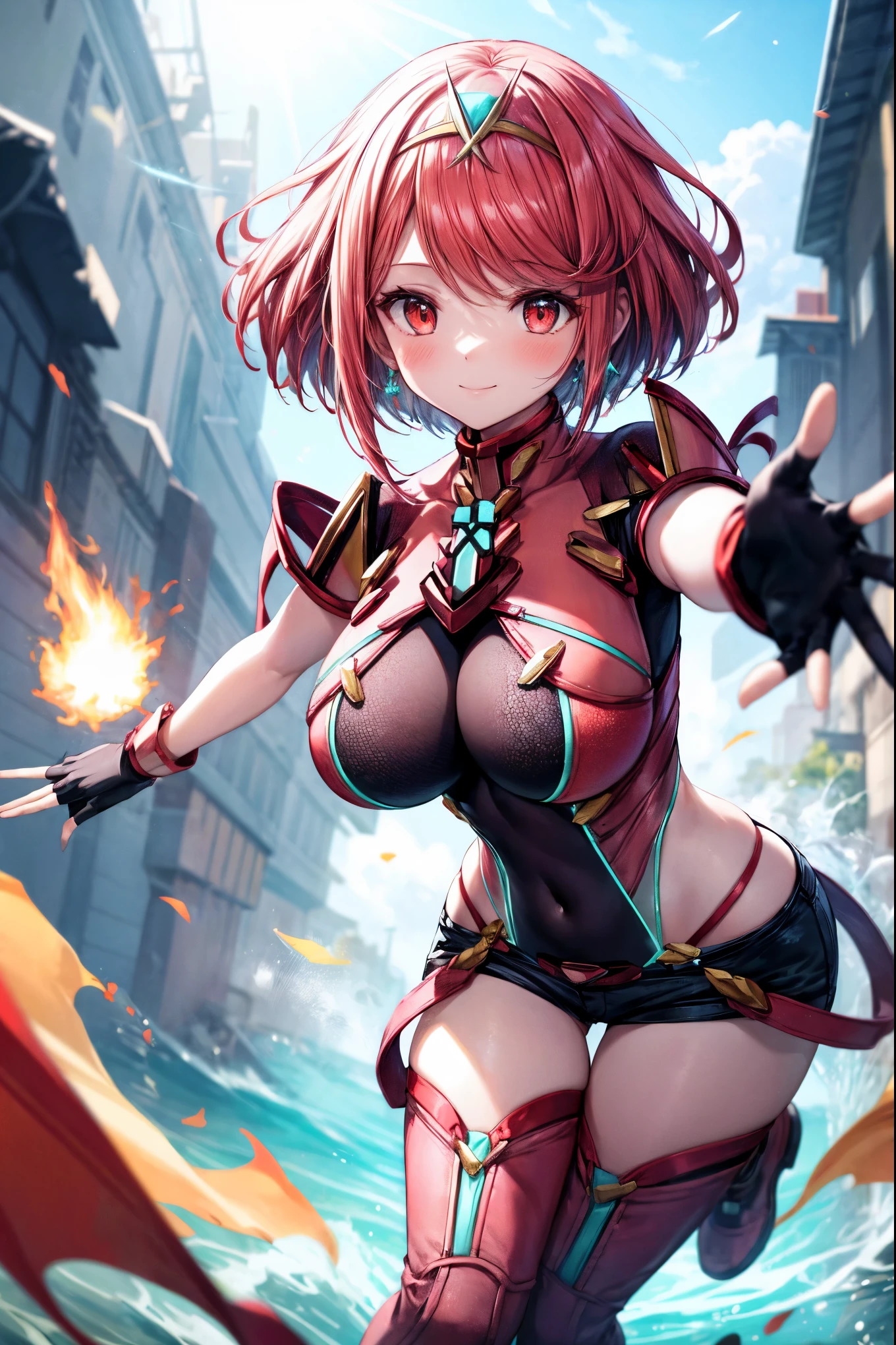 score_9, score_8_up, score_7_up, source_anime, rating_safe, BREAK pyra \(xenoblade\), 1girl, red hair, short hair, swept bangs, bob cut, red eyes, large breasts, tiara, earrings, chest jewel, backless outfit, bodysuit, covered navel, neon trim, clothing cutout, short sleeves, fingerless gloves, black gloves, short shorts, red footwear, thigh boots, floating, dutch angle, light smile, eye focus, closed mouth, looking at viewer, facing viewer, reaching towards viewer, outstretched arms, wind, floating hair, fire, aura, lightning, light particles, light rays, blue sky, cloud, sunlight, lens flare