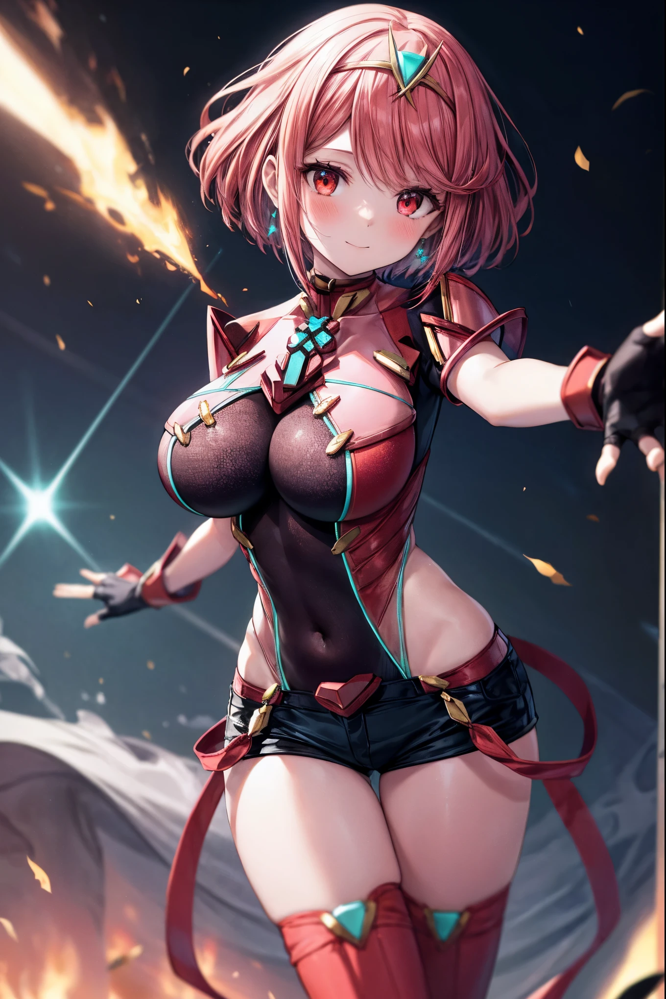 score_9, score_8_up, score_7_up, source_anime, rating_safe, BREAK pyra \(xenoblade\), 1girl, red hair, short hair, swept bangs, bob cut, red eyes, large breasts, tiara, earrings, chest jewel, backless outfit, bodysuit, covered navel, neon trim, clothing cutout, short sleeves, fingerless gloves, black gloves, short shorts, red footwear, thigh boots, floating, dutch angle, light smile, eye focus, closed mouth, looking at viewer, facing viewer, reaching towards viewer, outstretched arms, wind, floating hair, fire, aura, lightning, light particles, light rays, blue sky, cloud, sunlight, lens flare