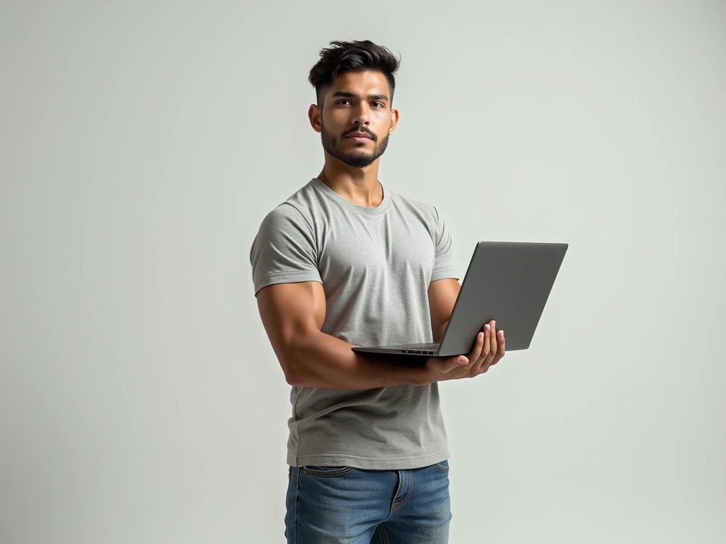 Create a strong, muscular, tanned Brazilian man who is a computer science student.