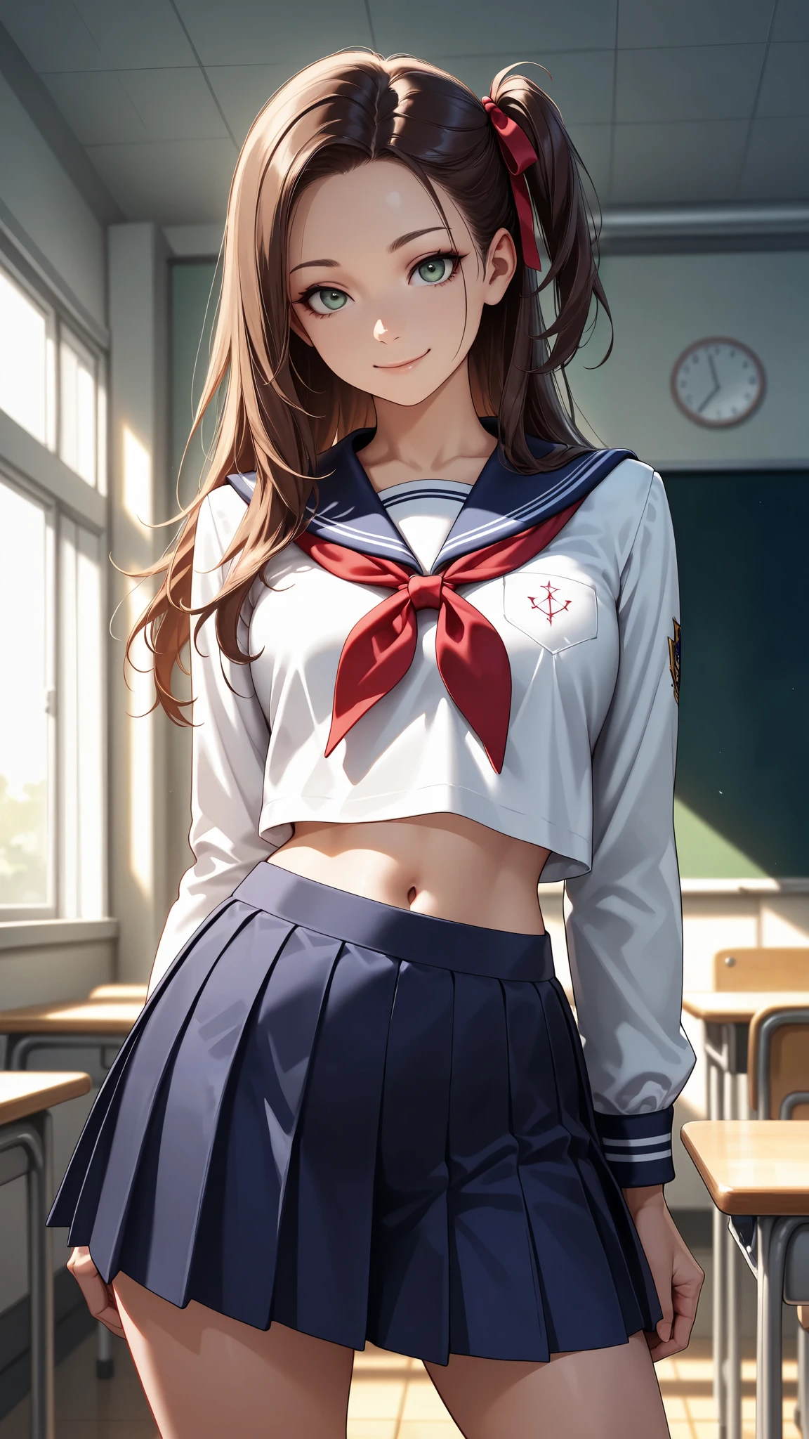 masterpiece, best quality, very aesthetic, newest, realistic, ultra detailed, Sharp Focus, high contrast, cinematic-lightning, Enhance colors to maximum saturation, 1girl, JK, detailed face, detailed eyes, green eyes, slightly smile, semi-long hair, dark brown silky hair, forehead, sliced back hair, side ponytail, contrapposto, hands behind back, navel, Captivating thighs, knee, classroom, (sheer crop top white shirt), sailor suit, pleated skirt, red ribbon tie