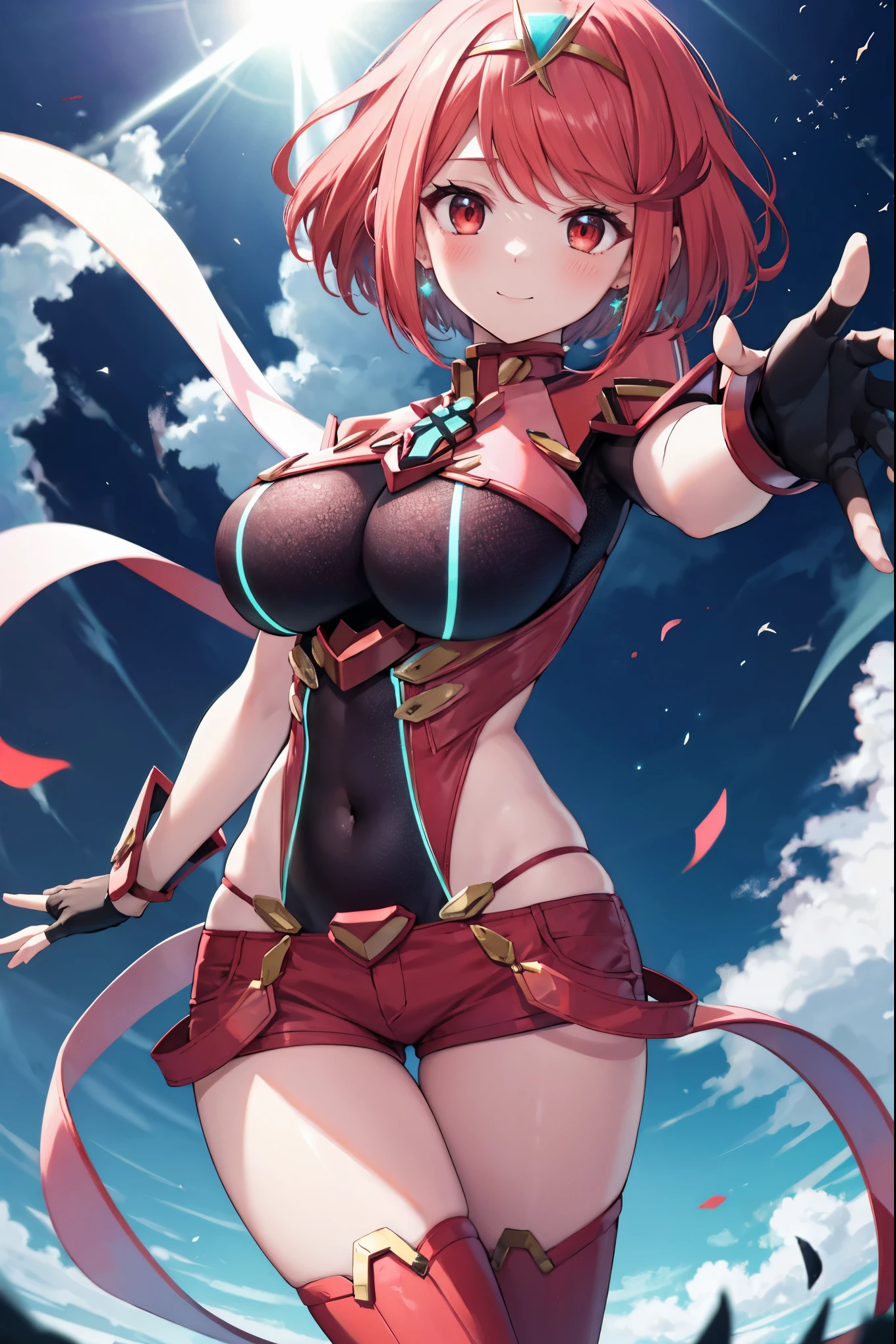 score_9, score_8_up, score_7_up, source_anime, rating_safe, BREAK pyra \(xenoblade\), 1girl, red hair, short hair, swept bangs, bob cut, red eyes, large breasts, tiara, earrings, chest jewel, backless outfit, bodysuit, covered navel, neon trim, clothing cutout, short sleeves, fingerless gloves, black gloves, short shorts, red footwear, thigh boots, floating, dutch angle, light smile, eye focus, closed mouth, looking at viewer, facing viewer, reaching towards viewer, outstretched arms, wind, floating hair, fire, aura, lightning, light particles, light rays, blue sky, cloud, sunlight, lens flare