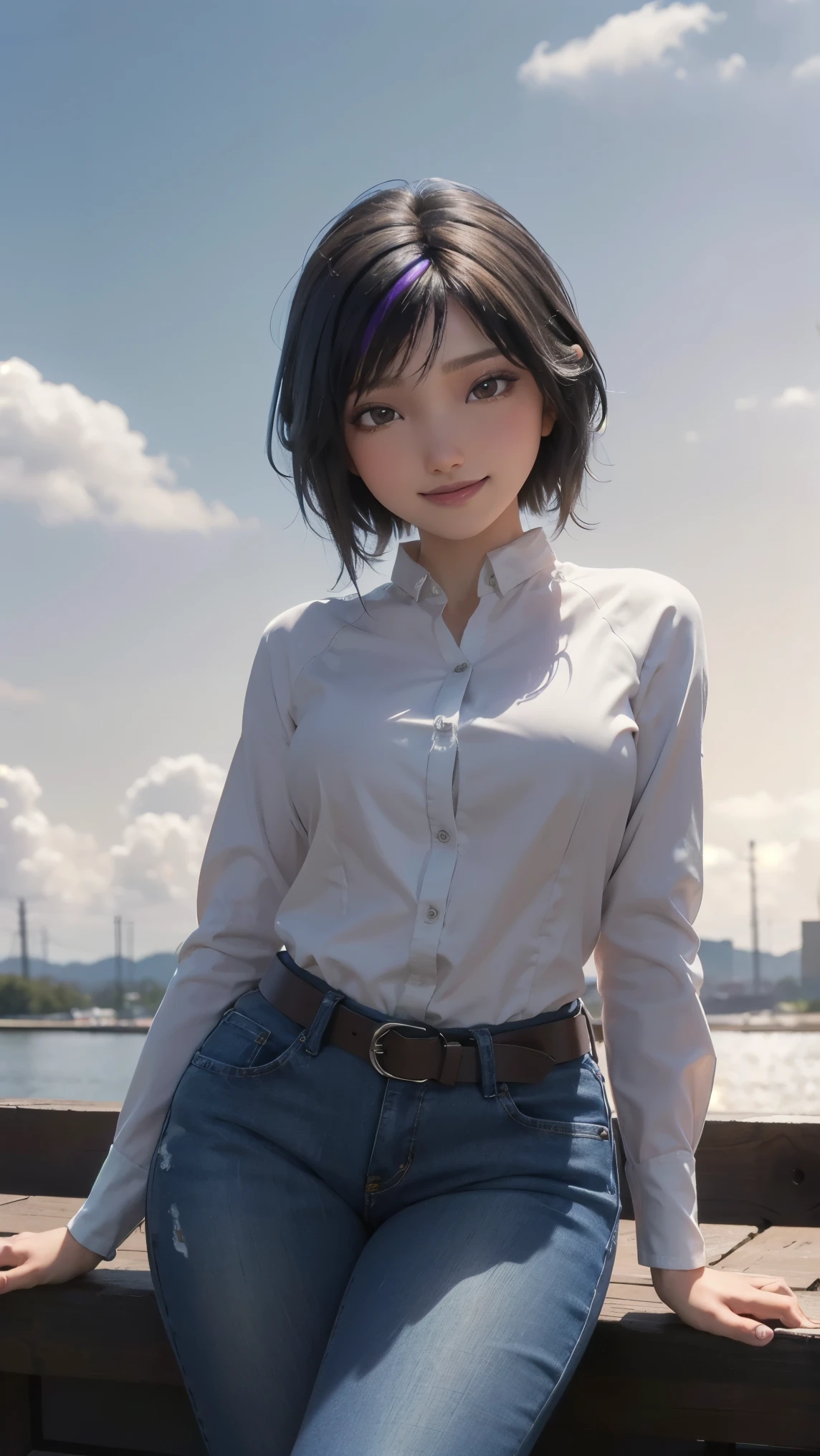 Gogo tomago,(best qualityer,4K,8k,high resolution,work of art:1.2)(weather: cloudy), Mondstadt farm background, horse stable, white long sleeve blouse, brown cowboy vest, brown belt, tight denim jeans, cowboy boots, flower hair jewelry, cheek mole, short wavy hair, black hair with purple highlight, ultra detailed, realistic, portrait,beautiful detailed brown eyes, glowing eyes,blush,beautiful detailed lips,extremely detailed eye and face, long eyelashes,sexy,average, medium breasts,beaming smile, sexy smile, powerful girl, flirty pose, stunning curves, bright coloured, dramatic lighting, hair flying,