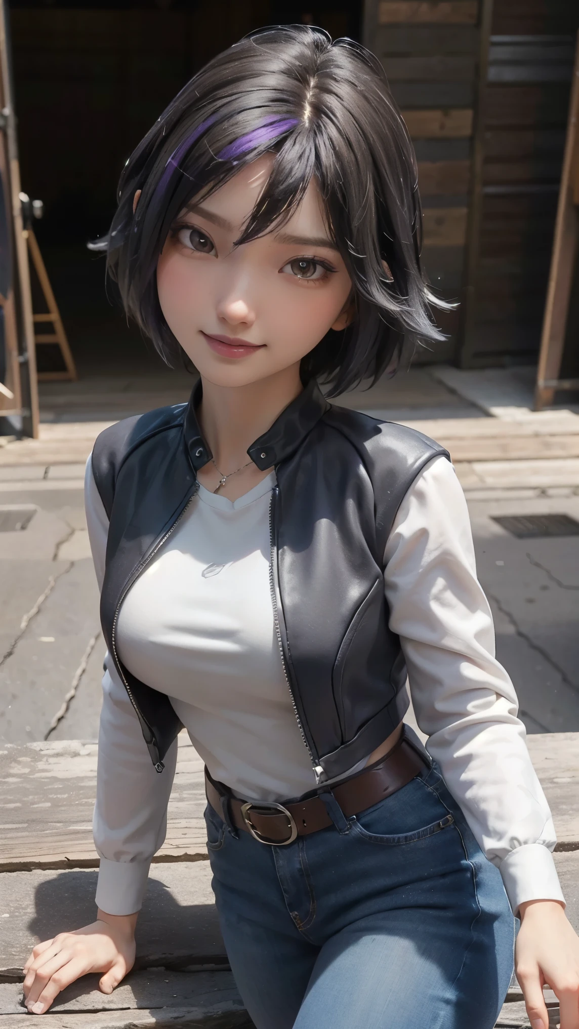 Gogo tomago,(best qualityer,4K,8k,high resolution,work of art:1.2)(weather: cloudy), Mondstadt farm background, horse stable, white long sleeve blouse, brown cowboy vest, brown belt, tight denim jeans, cowboy boots, flower hair jewelry, cheek mole, short wavy hair, black hair with purple highlight, ultra detailed, realistic, portrait,beautiful detailed brown eyes, glowing eyes,blush,beautiful detailed lips,extremely detailed eye and face, long eyelashes,sexy,average, medium breasts,beaming smile, sexy smile, powerful girl, flirty pose, stunning curves, bright coloured, dramatic lighting, hair flying,