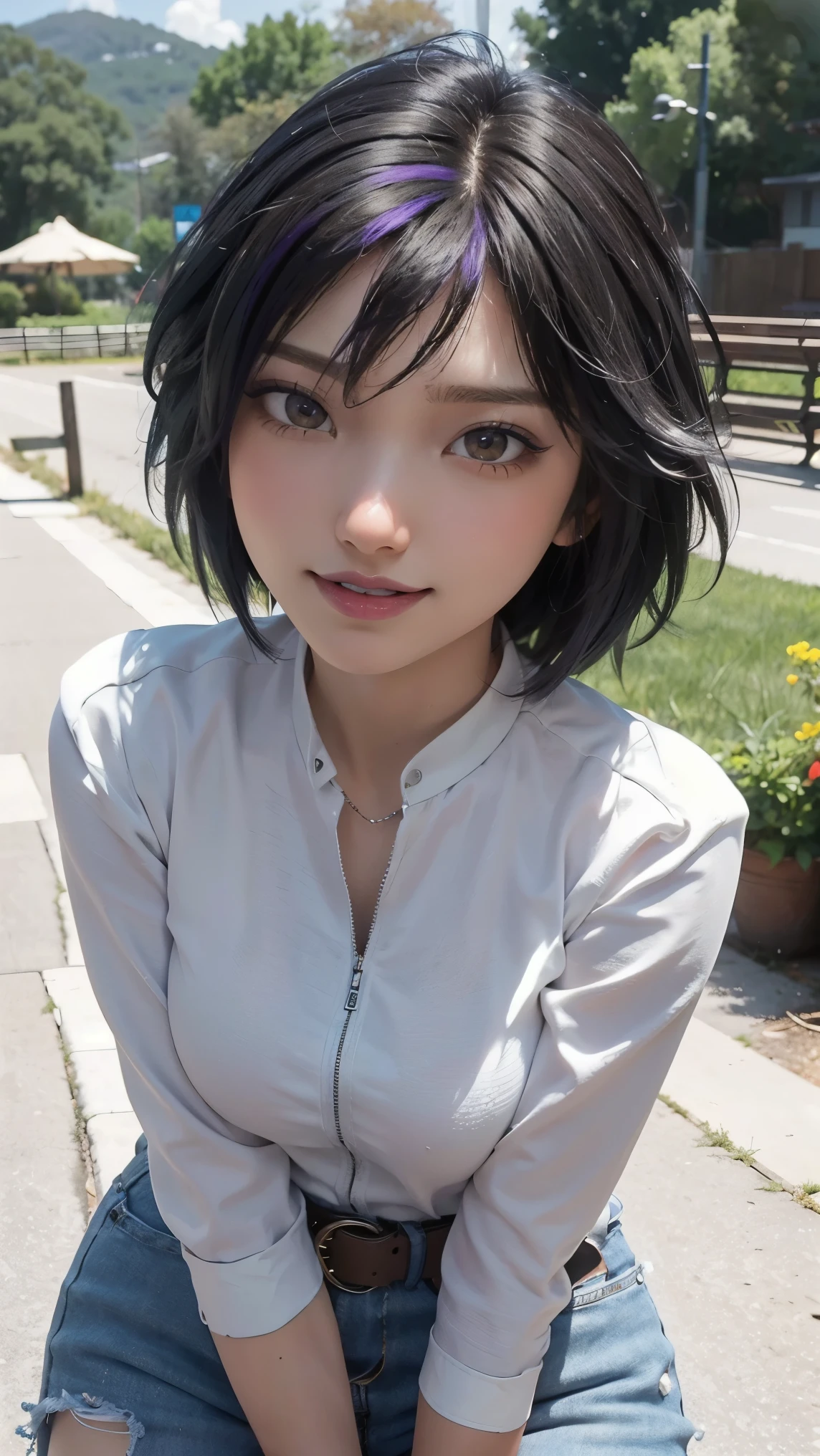 Gogo tomago,(best qualityer,4K,8k,high resolution,work of art:1.2)(weather: cloudy), Mondstadt farm background, horse stable, white long sleeve blouse, brown cowboy vest, brown belt, tight denim jeans, cowboy boots, flower hair jewelry, cheek mole, short wavy hair, black hair with purple highlight, ultra detailed, realistic, portrait,beautiful detailed brown eyes, glowing eyes,blush,beautiful detailed lips,extremely detailed eye and face, long eyelashes,sexy,average, medium breasts,beaming smile, sexy smile, powerful girl, flirty pose, stunning curves, bright coloured, dramatic lighting, hair flying,