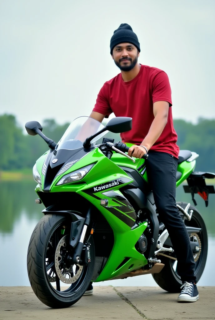 a person standing next to a green motorcycle with a pakistan flag on it, hd picture, trending on tiktok, picture of a male biker, tiktok video, hyperrealistic picture, high quality digital painting, real picture, leaked, by Ambreen Butt, sitting on a motorcycle, facebook profile picture, kyza saleem, hyperealistic photo, real trending on instagram image, r6, digital cartoon painting art, ultra realistic picture, hyper realistic photo, hasan piker, hyper realistic color photo
