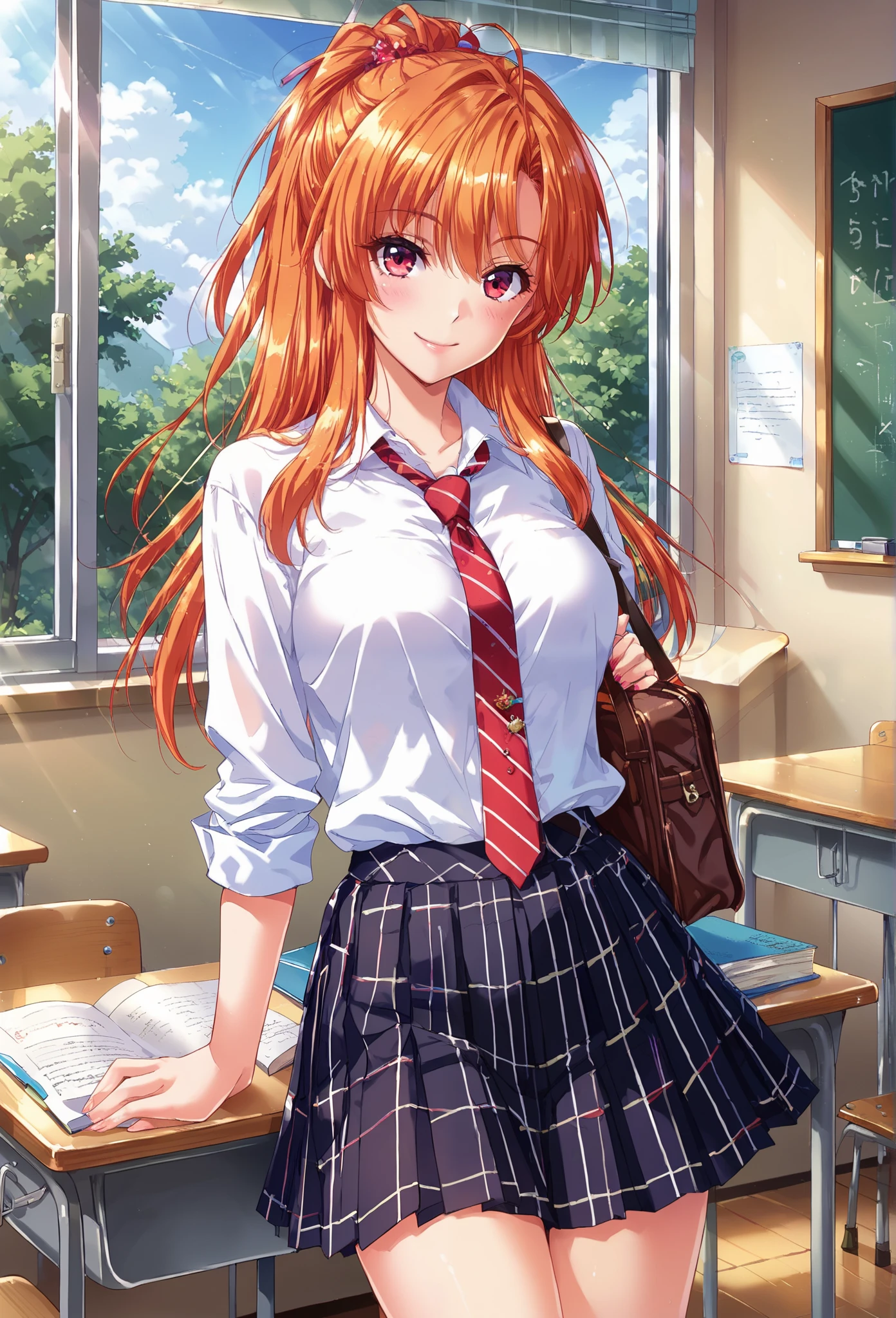 score_9, score_8_up, score_7_up,1girl, orange hair, curtained long hair, sidehair, red eyes, ponytail, student, tie, pleated skirt, classroom, smile, solo, looking at viewer