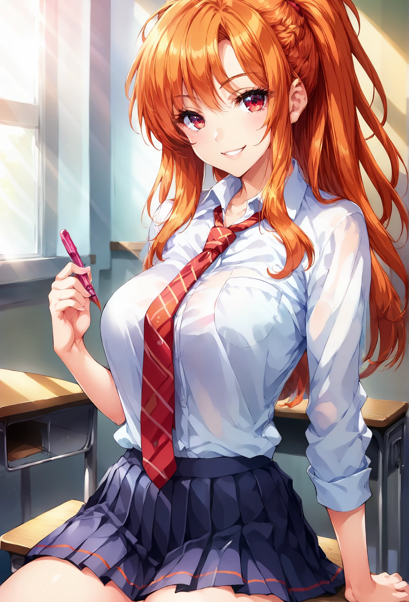 score_9, score_8_up, score_7_up,1girl, orange hair, curtained long hair, sidehair, red eyes, ponytail, student, tie, pleated skirt, classroom, smile, solo, looking at viewer