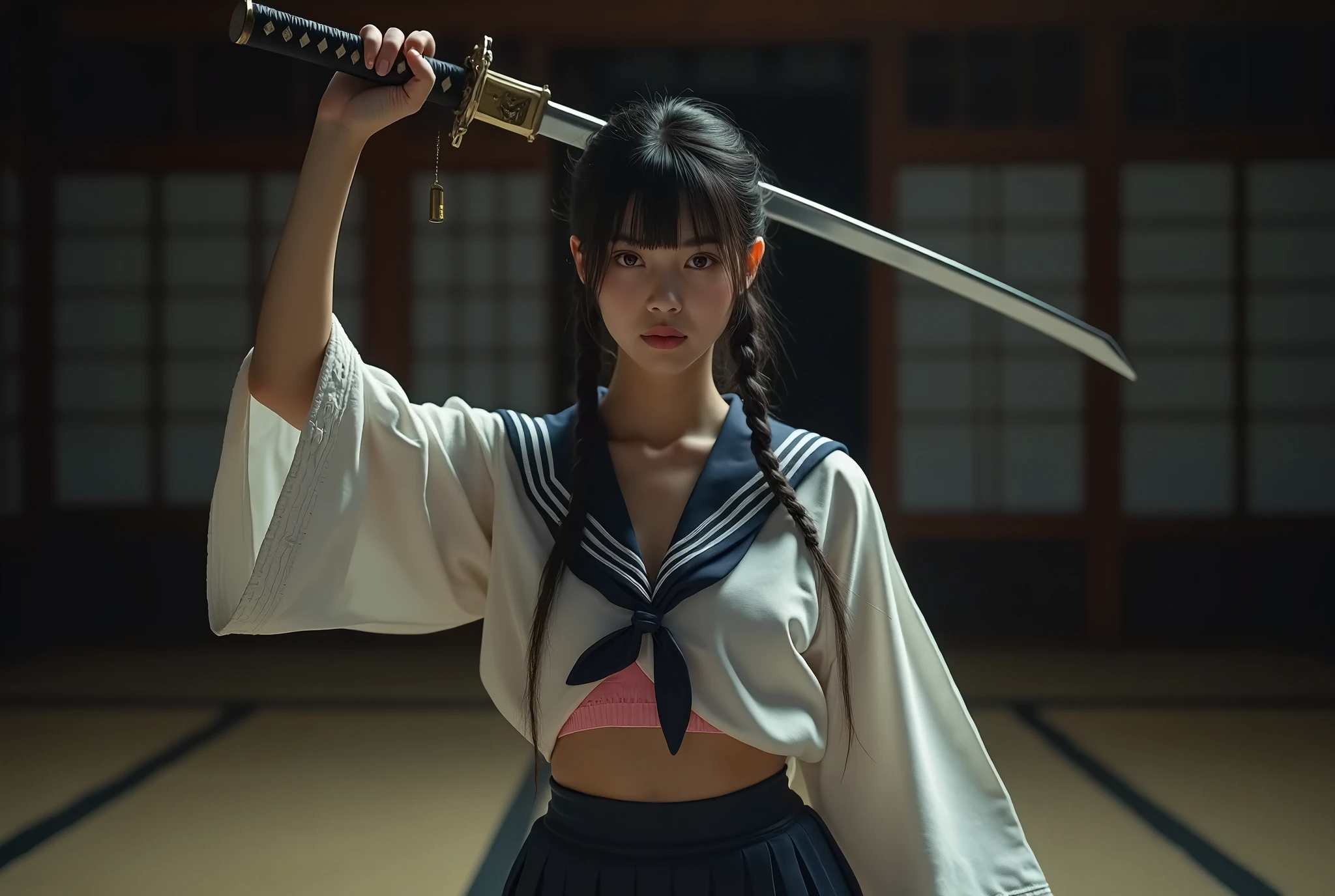 Japanase girl wearing school uniform and grab katana sword ,ultra realistic 4k
