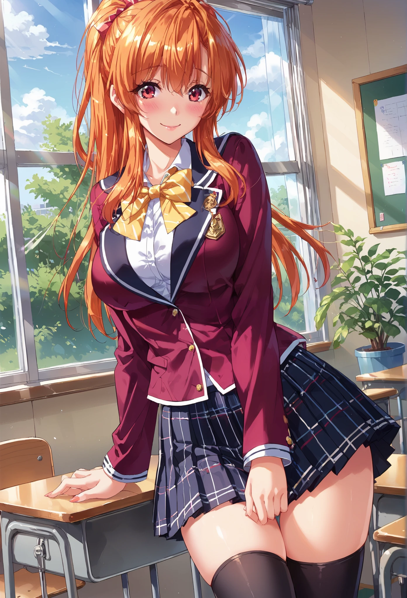 score_9, score_8_up, score_7_up,1girl, orange hair, curtained long hair, sidehair, red eyes, ponytail, sailor style, school uniform, pleated mini skirt, black thighhighs, classroom, smile, happy, shy, solo, erotic body, curvy body, panty