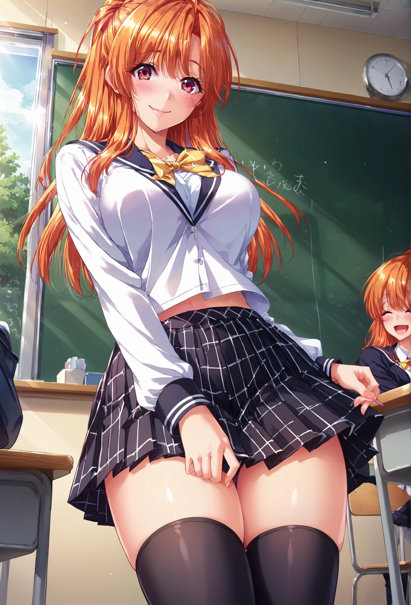 score_9, score_8_up, score_7_up,1girl, orange hair, curtained long hair, sidehair, red eyes, ponytail, sailor style, school uniform, pleated mini skirt, black thighhighs, classroom, smile, happy, shy, solo, erotic body, curvy body, panty, view from below