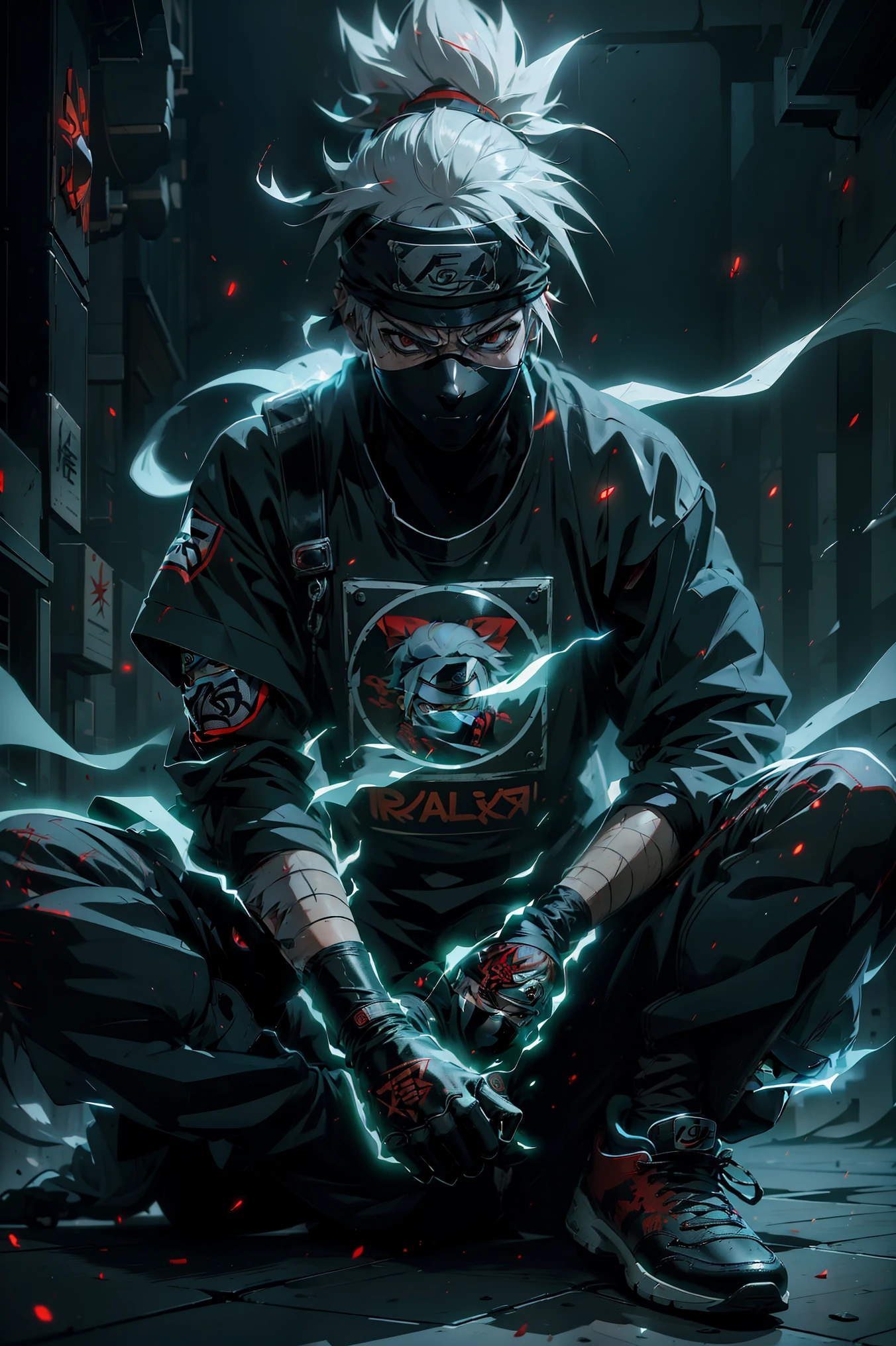 ( best quality,4k,highres), Kakashi sitting on the floor in a street style,  Leaning against a wall , Red Jordans , red ninja gloves,  white hair , Ninja Headband,  mask that covers her mouth , graffiti background,  vibrant colors, Urban art style, gloomy lighting,(( ghostly ninja )),(Mangekyo Sharingan in the right eye),neon