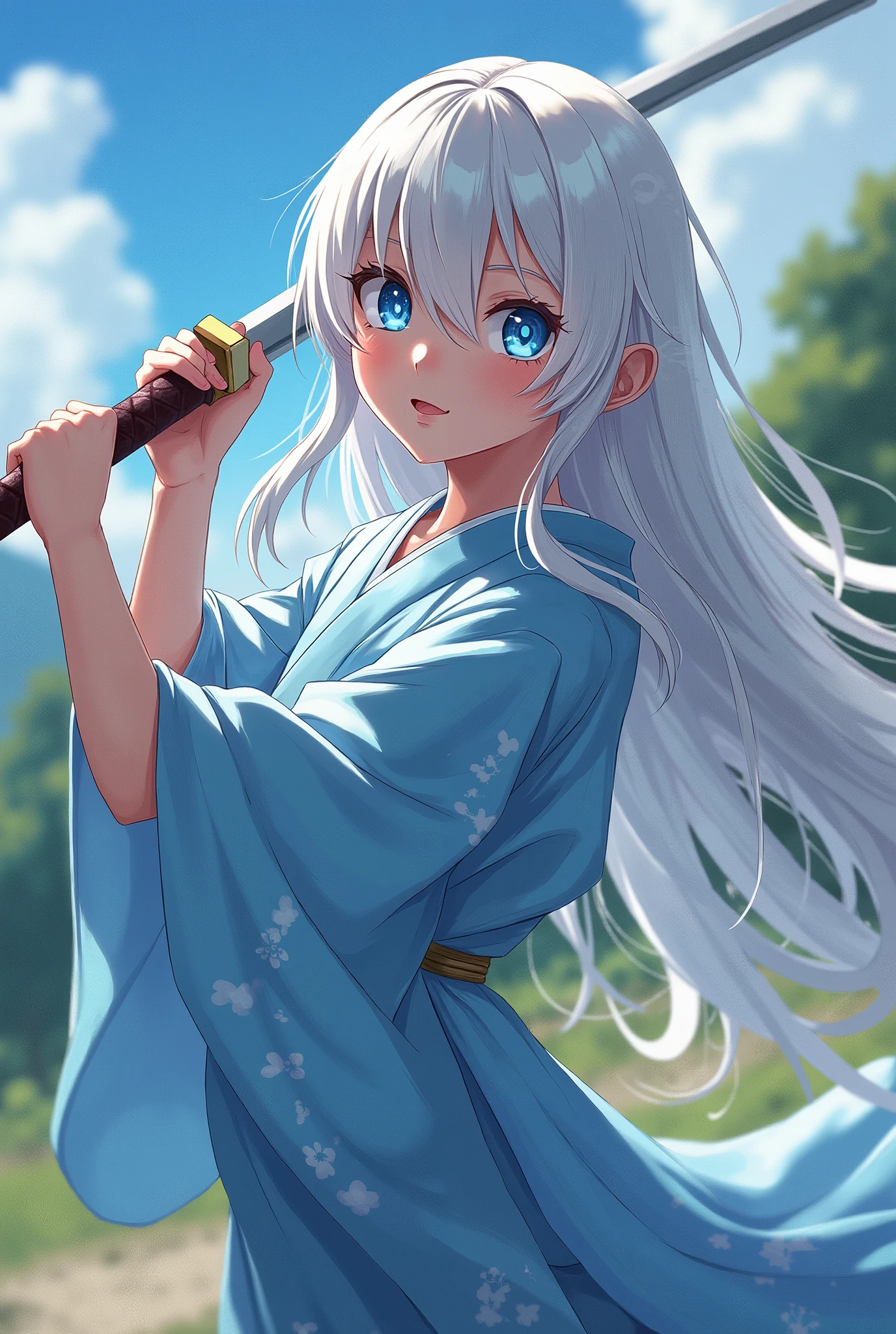 1 girl, White short Kimono with three clover design, Katana on the waist, Water dragon in the back, Long wavy sliver hair