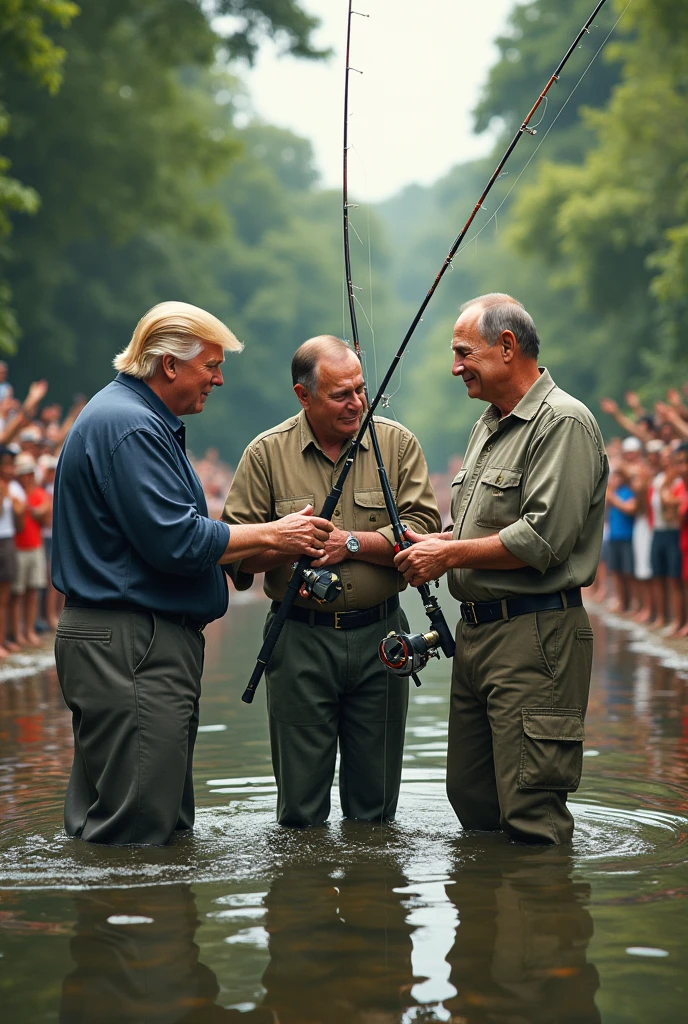 Donald Trump (bandage on one ear, happy grin, muscular, conan outfit) is fishing with a bamboo fishing rod, he is bringing in a large fish that is thrashing, forest pond