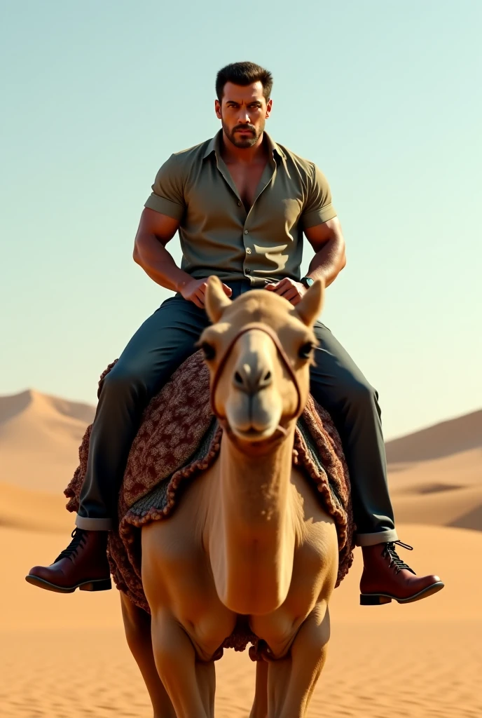 A handsome beautiful slim shirtless white skin man in the desert many horse running behind him
