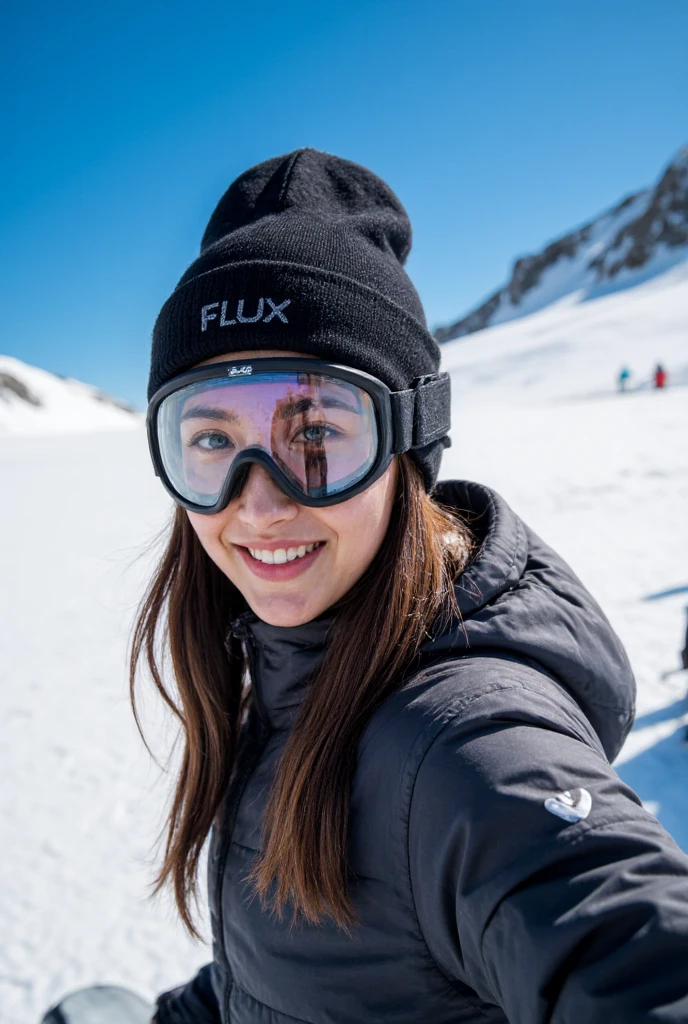 The image shows a person dressed in winter sports gear,including a black beanie with the word "FLUX" on it and a pair of goggles. happy,They are standing on a snowy landscape with a clear blue sky in the background. The person appears to be preparing for or taking a break from snowboarding,as suggested by the presence of a snowboard in the foreground. The overall scene conveys a sense of adventure and outdoor activity in a cold,mountainous environment,