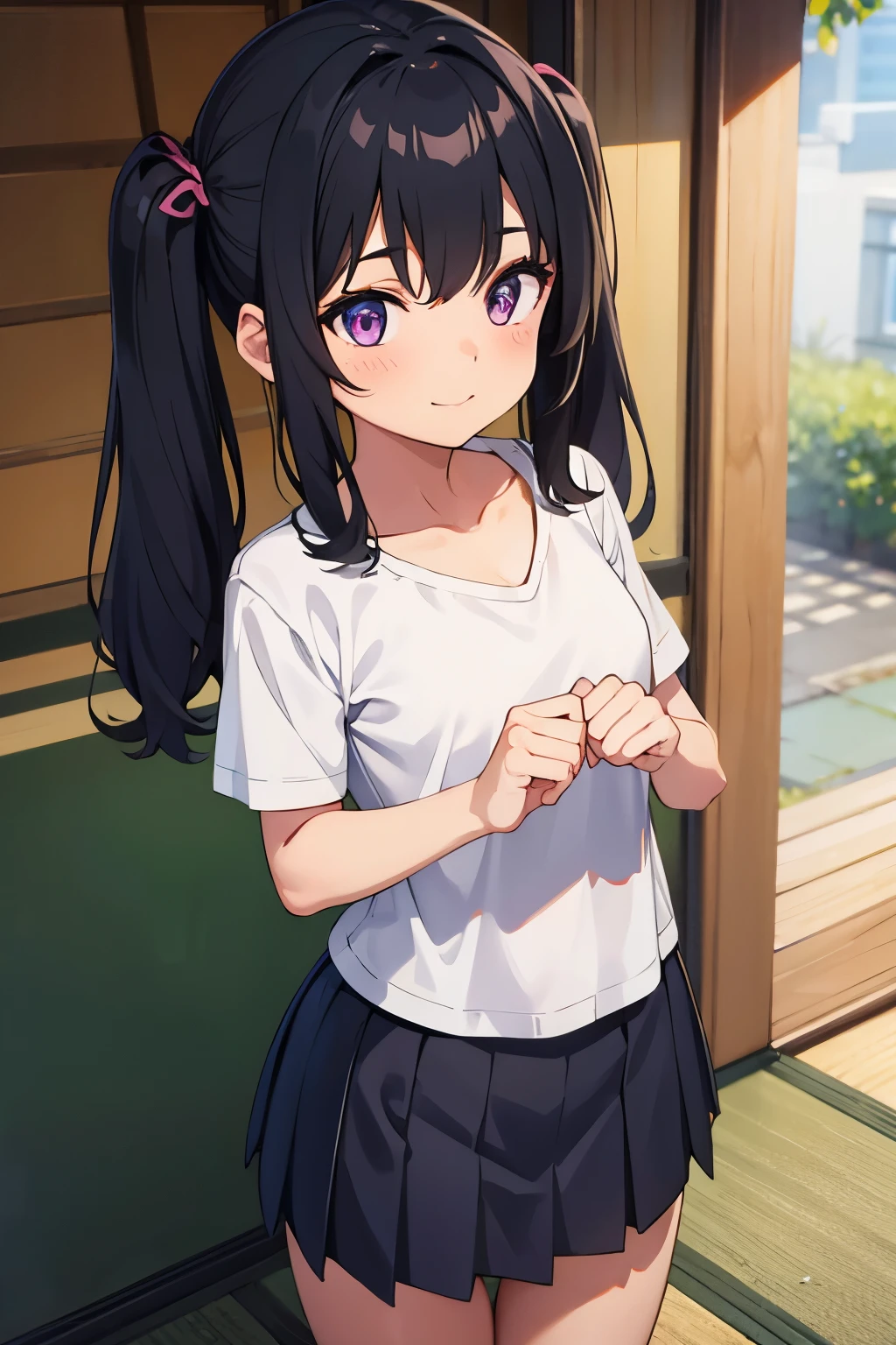     flat chest black hair shorts twin tails purple eyes 　smile（（One person））Upper body black short sleeve t-shirt lower body light blue pleated skirt 　 white panties white socks 　（（ panties visible ）） Rokujoma 　On the tatami　Standing with skirt　 Lower body center 　Panty close-up　 dynamic angle　 Angle seen from the foot