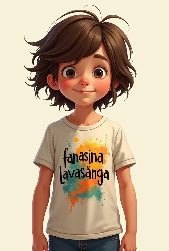 A very long haired boy is wearing a T-shirt named Fanasina Lavasanga