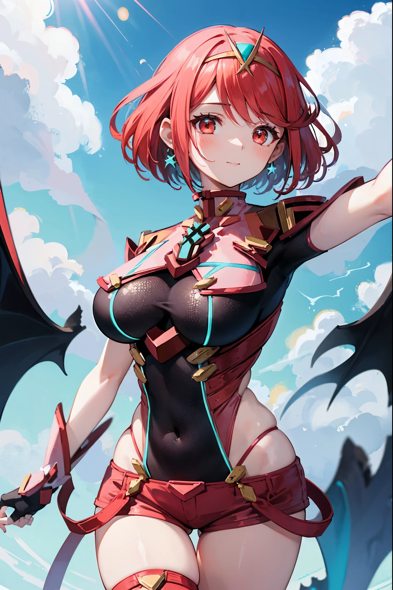 score_9, score_8_up, score_7_up, source_anime, rating_safe, BREAK pyra \(xenoblade\), 1girl, red hair, short hair, swept bangs, bob cut, red eyes, large breasts, tiara, earrings, chest jewel, backless outfit, bodysuit, covered navel, neon trim, clothing cutout, short sleeves, fingerless gloves, black gloves, short shorts, red footwear, thigh boots, floating, dutch angle, light smile, eye focus, closed mouth, looking at viewer, facing viewer, reaching towards viewer, outstretched arms, wind, floating hair, fire, aura, lightning, light particles, light rays, blue sky, cloud, sunlight, lens flare,(plump:0.7)