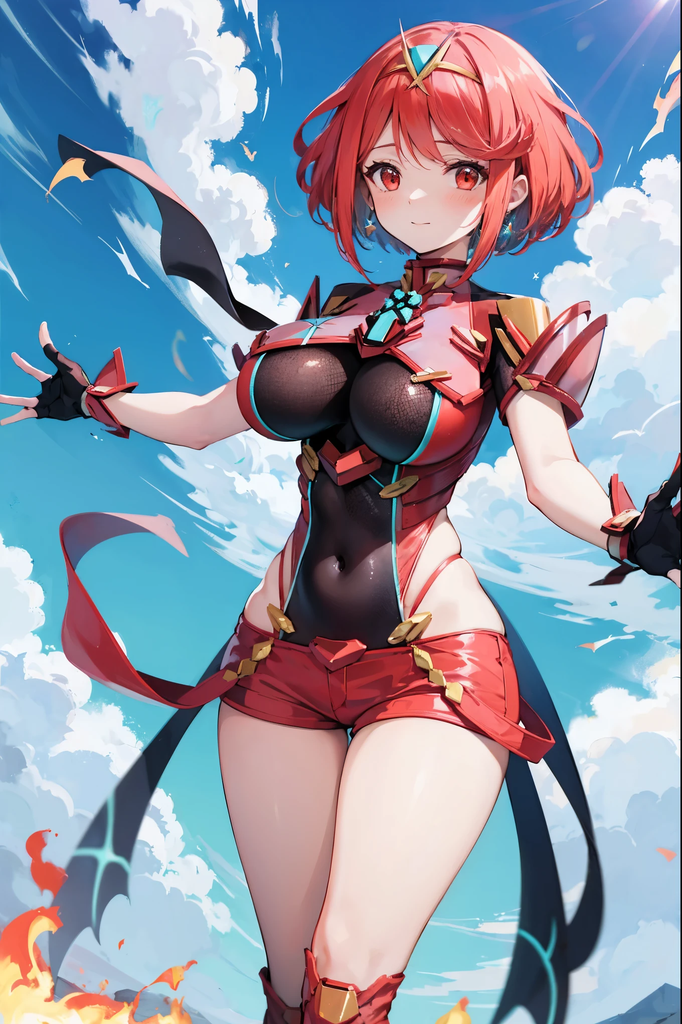 score_9, score_8_up, score_7_up, source_anime, rating_safe, BREAK pyra \(xenoblade\), 1girl, red hair, short hair, swept bangs, bob cut, red eyes, large breasts, tiara, earrings, chest jewel, backless outfit, bodysuit, covered navel, neon trim, clothing cutout, short sleeves, fingerless gloves, black gloves, short shorts, red footwear, thigh boots, floating, dutch angle, light smile, eye focus, closed mouth, looking at viewer, facing viewer, reaching towards viewer, outstretched arms, wind, floating hair, fire, aura, lightning, light particles, light rays, blue sky, cloud, sunlight, lens flare,(plump:0.7)