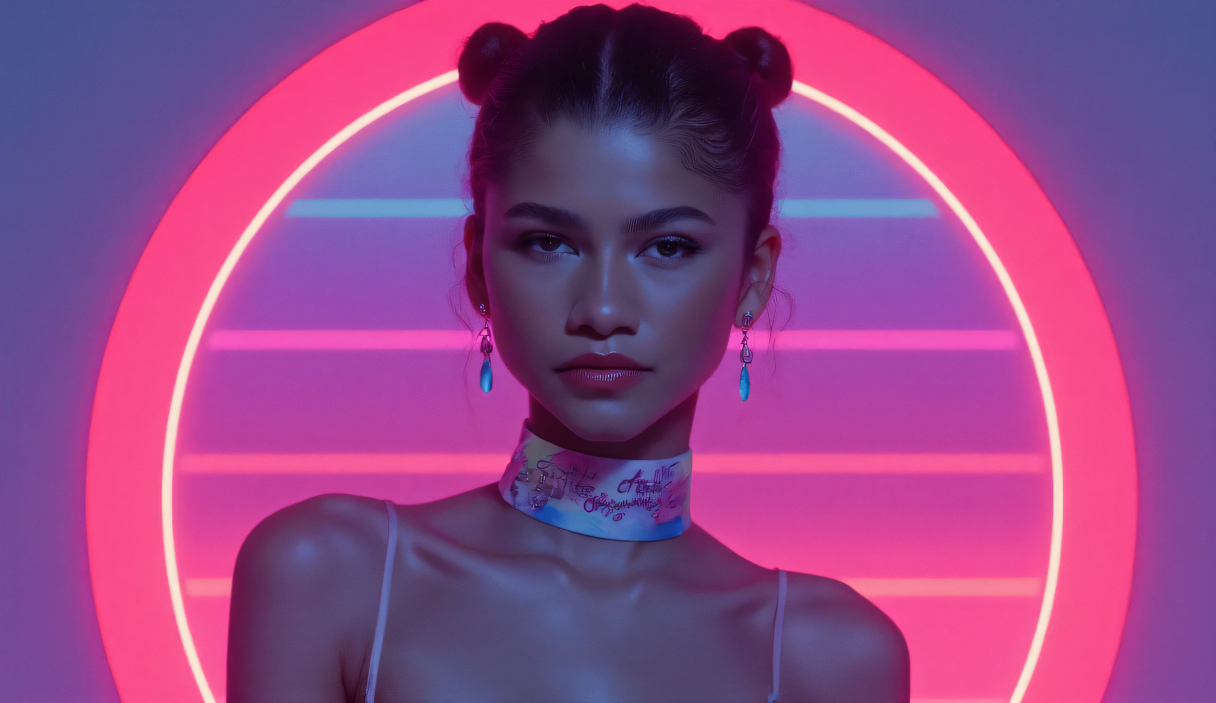 Vaporwave style. Art by Lois Van Baarle. Waist-up 25-year-old girl with and space buns. Retro aesthetic, cyberpunk, vibrant, neon colors, vintage 80s and 90s style, highly detailed, graphic illustration, graphic novel art, vibrant, cover art, dreamy, vector illustration, 2d flat, centered, by Tim Burton, professional, sleek, perfect composition, beautiful detailed intricate insanely detailed octane render trending on artstation, 8k