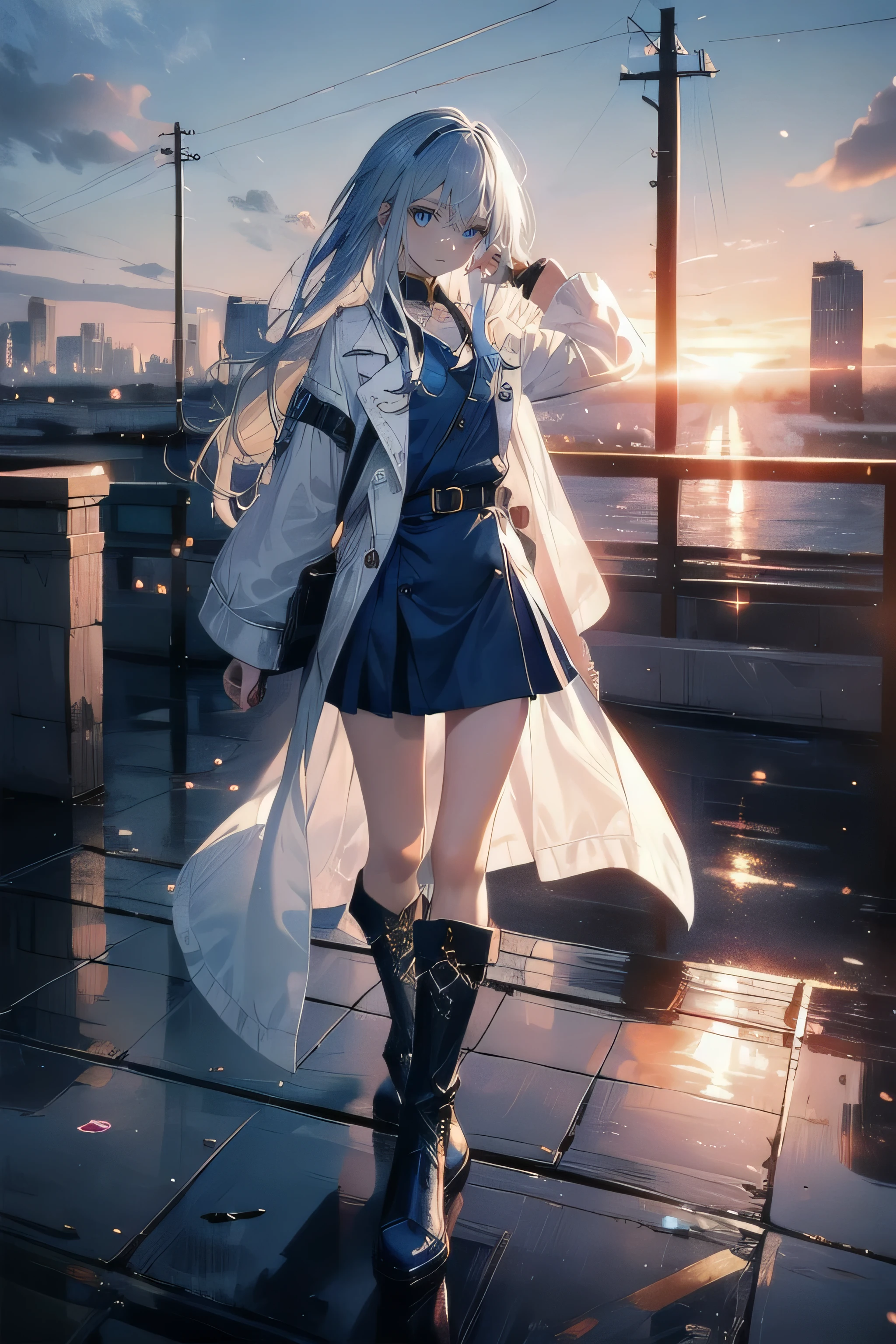 (masterpiece), (best quality), ultra detailed, finely detailed color, cenematic painting, bishoujo, ((one lady)), teenager, cute face, white hair, absurdly long hair, straight hair, ((deep blue eyes:1.5)), standing, chocker, ((long coat)), (dark coat), (trench coat) ((blue miniskirt)), bare legs, ((long boots)), ((black boots)), white shirt, expressionless, slender body, small chest, urban, sunset, rooftop