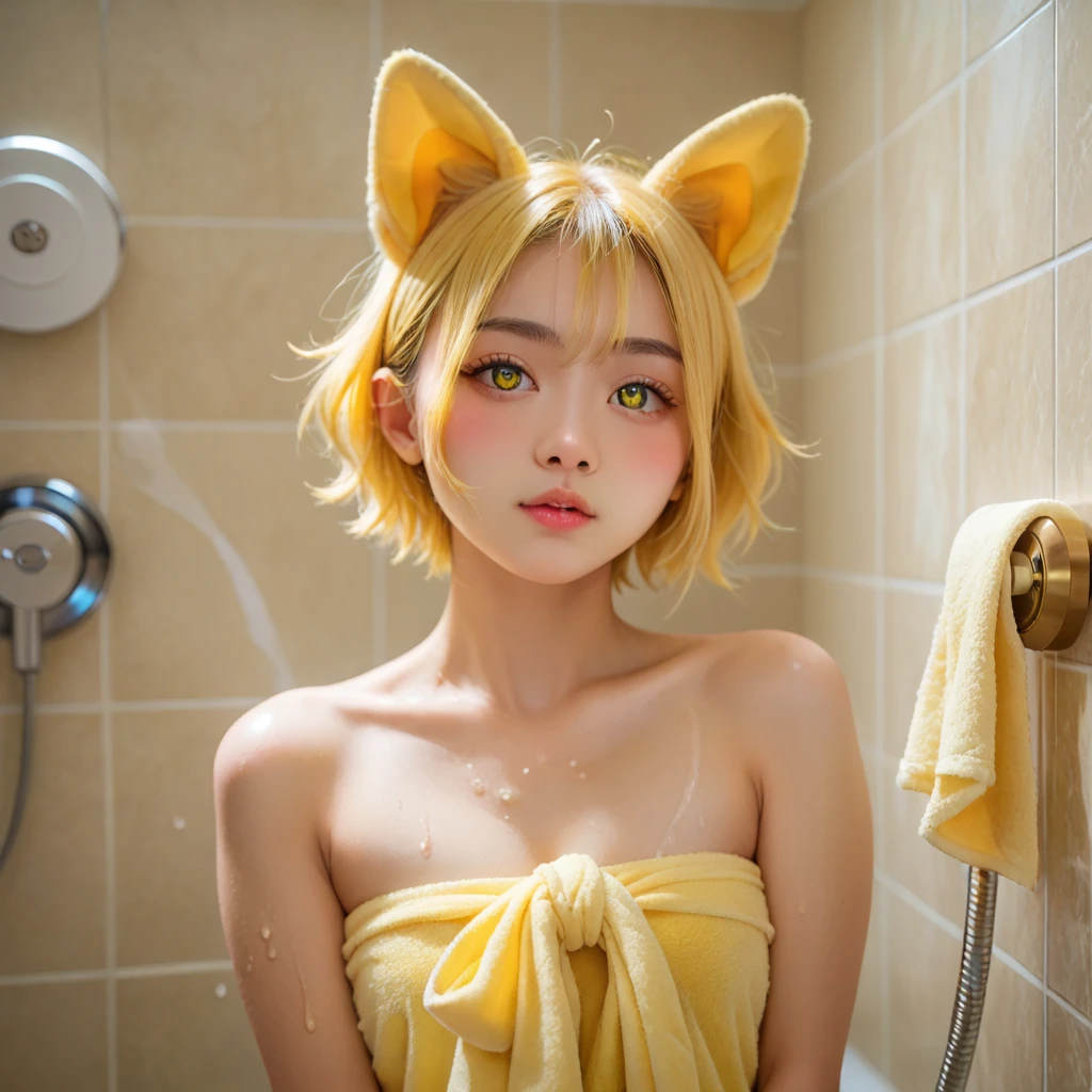  asian girl， unique ， Yellow Hair ，Short hair，  yellow pupils  ， Wrap  ，Wrap in a bath towel， 手里拿着yellow tulips，Just had a shower ，The hair is dripping，blushing，yellow dog ears， Droopy Ears ， yellow plush ears ，  the sun is shining ，yellow dog tail，Animation Style，Animal ears,  Animal Ear Pattern, Chest(c)，yellow tulips