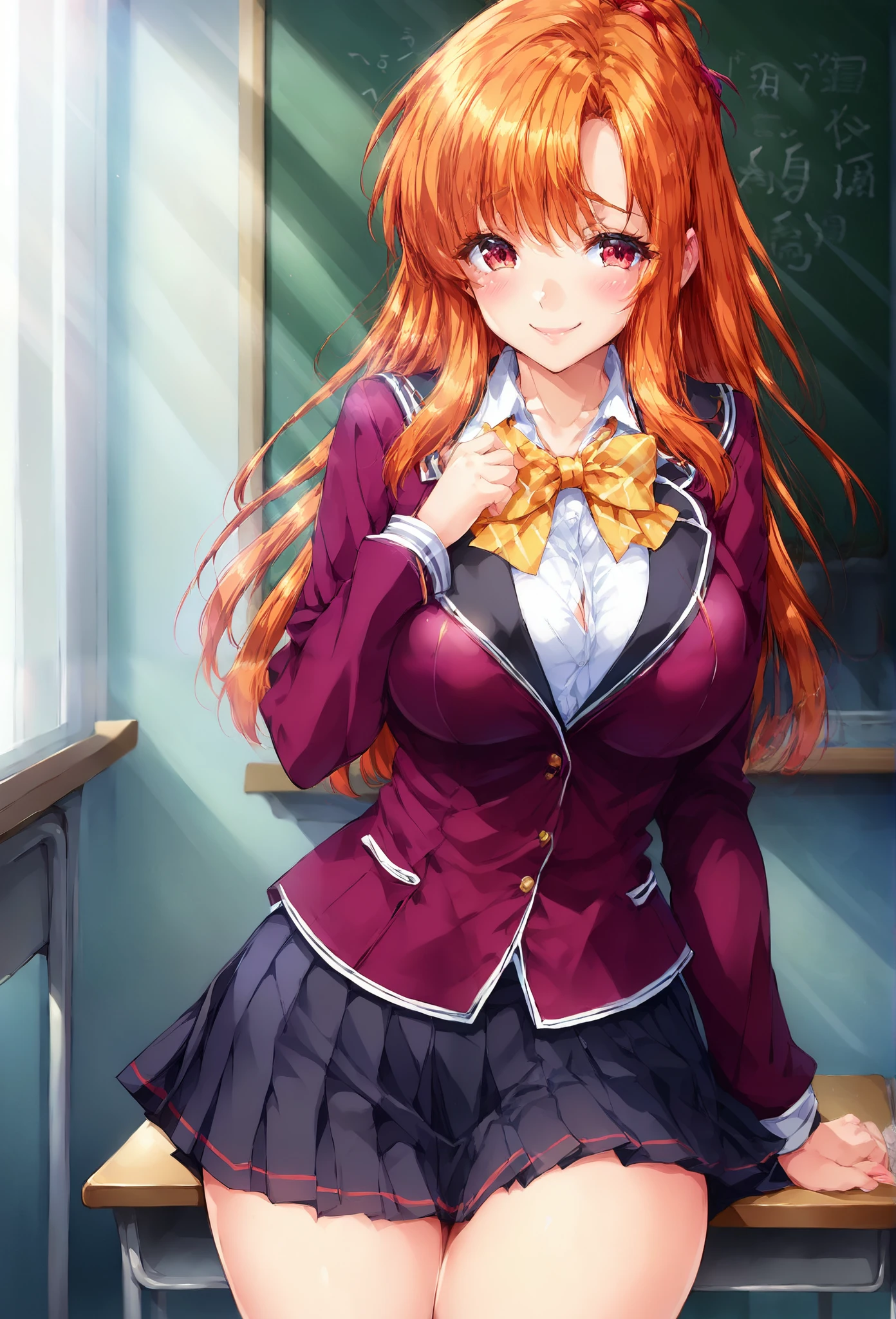 score_9, score_8_up, score_7_up,1girl, orange hair, curtained long hair, sidehair, red eyes, sailor style, school uniform, pleated mini skirt, black thighhighs, classroom, smile, happy, shy, solo, erotic body, curvy body, panty