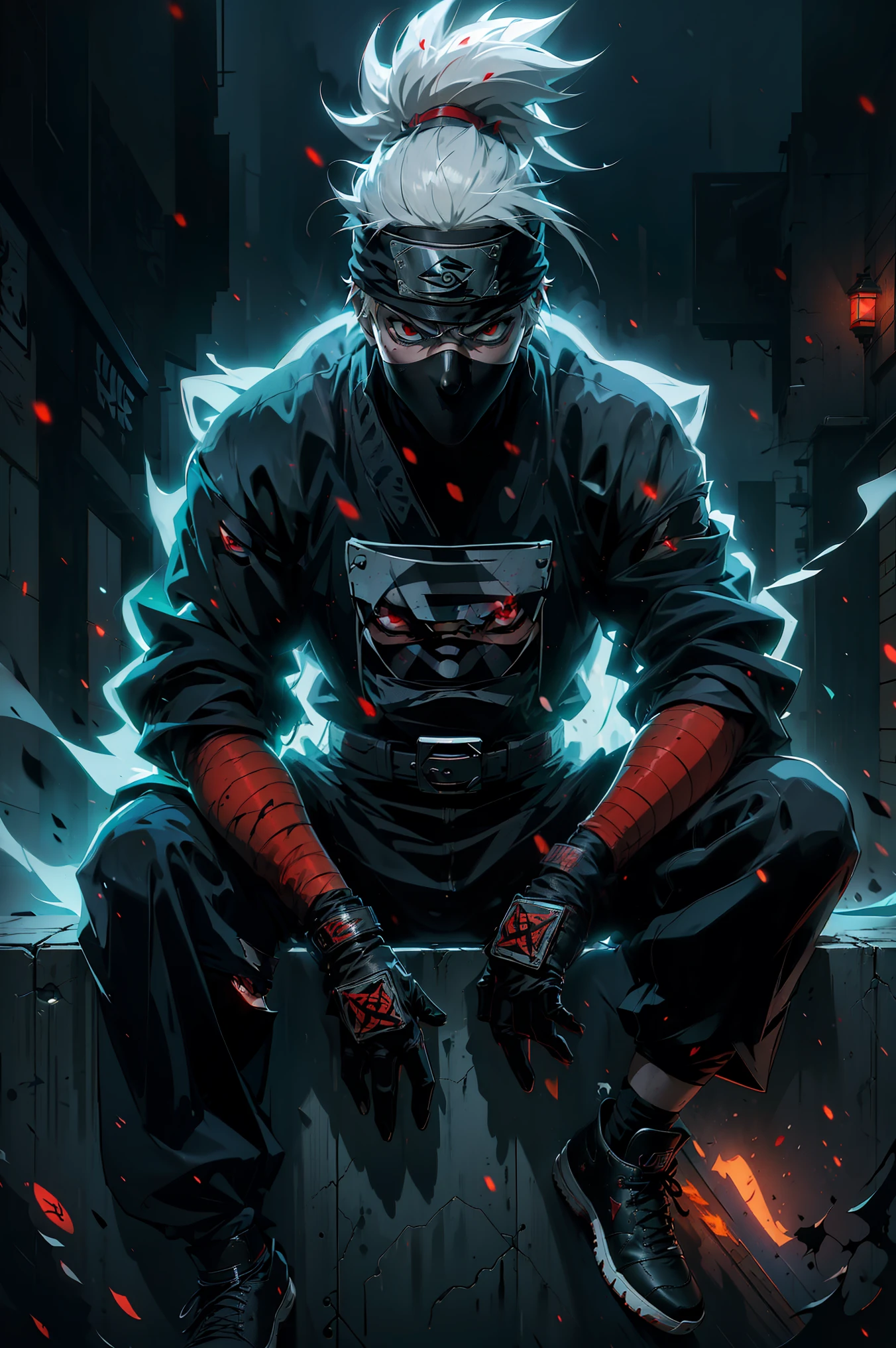 ( best quality,4k,highres),Kakashi sitting on a street-style ledge,  Leaning against a wall , Red Jordans , red ninja gloves,  white hair , Ninja Headband,  mask that covers her mouth , graffiti background,  vibrant colors, Urban art style, gloomy lighting,(( ghostly ninja )),(Mangekyo Sharingan in the right eye),neon