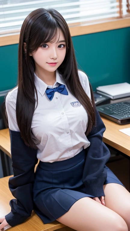 8K, Highest quality, masterpiece:1.2, RAW Photos, 1peopleの女の子, (e schrl, beautiful girl, Baby FaceDentition), night, (dark), Clear background indoors, (people々), Beautiful Bangs, nice,, (Clothing and uniforms:1.3), Soft lighting, Attractive breasts, ((怪しいdark部屋)), (Mouth closed:1.2, Beautiful Eyes, Fine grain, Detailed Iris, Beautiful Lips, Beautiful Nose, Beautiful Face), (primary color:1.5), (Gaze at the viewer, blush:1.2, Cute Smile), tie