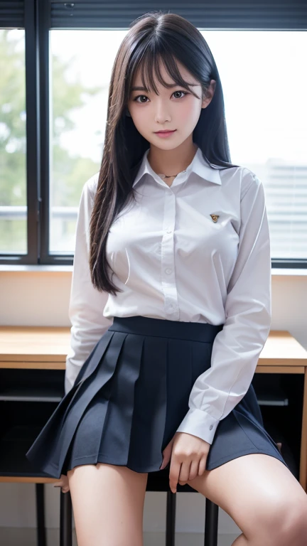 Best Quality、High resolution、A beautiful high school girl spreads her legs to show off her pussy、Long Black Hair、Firm breasts、Student Uniform,Blue collared long sleeve shirt、mini skirt、Great style、nsfw, sitting on desk, legs wide open:1.5, Pussy:1.5, Detailed Pussy:2.0、The shirt and skirt don&#39;t go together、The correct structure of the human body