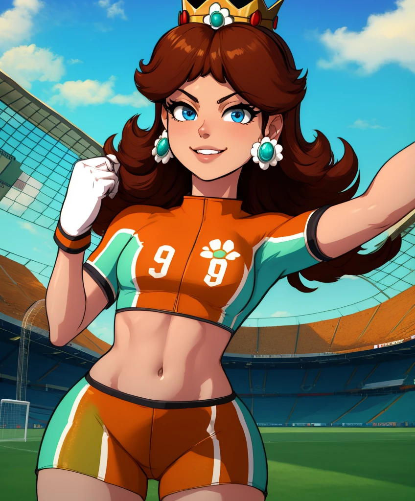 Daisy,brown hair,blue eyes,flower earrings,small crown,
number 8 soccer uniform,short sleeves,white gloves,orange teel shorts,midriff,clenched hands,
standing,smile,
soccer field,science fiction,outdoors,
(insanely detailed, masterpiece, best quality),