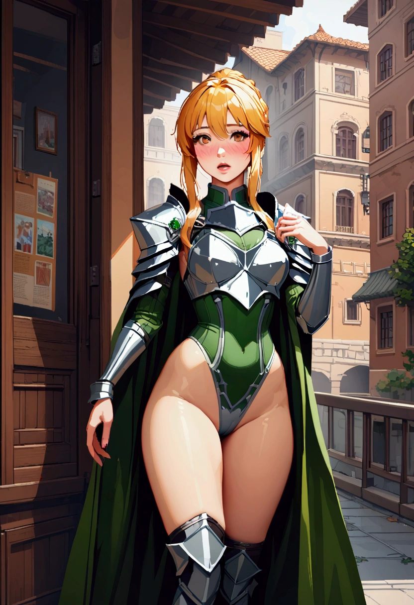 there is a woman in armor standing in front of a building, female knight, armor girl,  Artoria Pendragon, of a beautiful female knight, inspired by Li Chevalier, Girl in knight armor, portrait gentleman woman, thick armor, Fully clad in armor, beautiful female knight, covered with full metal armor, bikini armor female knight, female paladin, (masterpiece), (best quality), (better detail), (distant general point of view), (worn paper edges),(main color of the illustration: Green jade ), (Secondary Color: cinnamon ), a group of very beautiful schoolgirls with sexy posture, very detailed face, vintage advertising poster with futuristic 60&#39*(( Safe and secure , Safe work , security sensor ,  No problem , Free to view , Safety at work, seguridad para el trabajo, cute girl,  clear and detailed face  (embarrassed, panicking, upturned eyes, full-face blush, open mouth,  parted lips :1.3) , best shadows,  vibrant colors, watercolor, ghibli style, Wide angle,  vibrant colors, watercolor, juicy thighs,  round buttocks, thick thighs, Big butt, small sized breast, big dips, small waist, slim arms, brown eyes. BREAK ( corrections ), proporciones corporales perfectas. 3/4 white socks, (sfw), photo realistic ,  masterpiece, ( best quality:1.3), absurdo, [:intricate details1.3], sfw,  realistic ,  masterpiece, masterpiece, highest quality, high quality, ultra high quality, depth of field, 4k, high quality, shame level : 1.4,  pleasure level : 1.4, cuerpo completo en escena, more environment view, long distance shot, (((detailed scenario , Detailed Background))), (superplano,  flat shade ,  flat colors ), ( masterpiece,  best quality)* ( best quality, High resolution), pixel art,  vibrant colors,  Nostalgic atmosphere ,  Immersive gameplay , 16-bit graphics, controles perfectos de píxeles,  Pixel art . cuerpo completo en escena, (sfw), ((photo realistic )), ( masterpiece), ( best quality:1.3), absurdo, [:intricate details1.3], sfw,  realistic ,  masterpiece