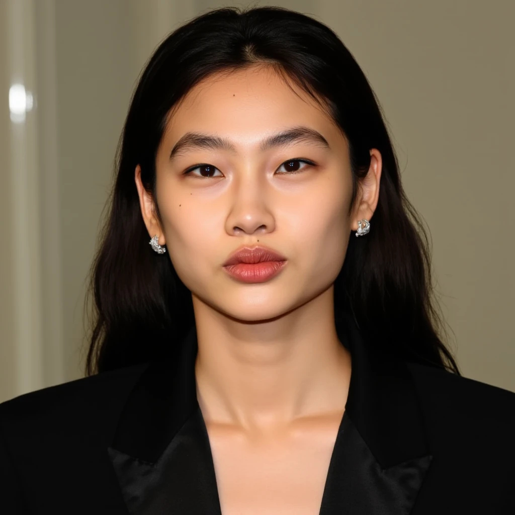 High quality passport photo of a woman wearing a suit and blouse with open cleavage looking directly at the camera with her mouth pout and a neutral expression. She is also wearing a delicate gold chain and some understated diamond earrings. , 