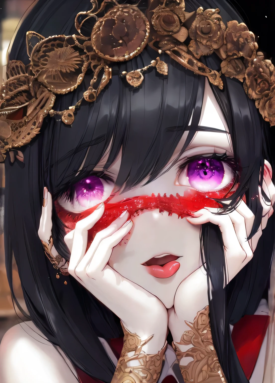 ((best quality)), ((highly detailed)), masterpiece, absurdres, (detailed eyes, deep eyes), (1girl), yandere trance, yandere, hands on own face, hands on own cheeks, shaded face, ((glowing eyes)), (upper body), hexmaniacms, ((@.@)), bags under eyes, ahoge, headband, black hair, pale skin, small breasts, , purple clothes, (at a cafe, coffee, noon), tongue