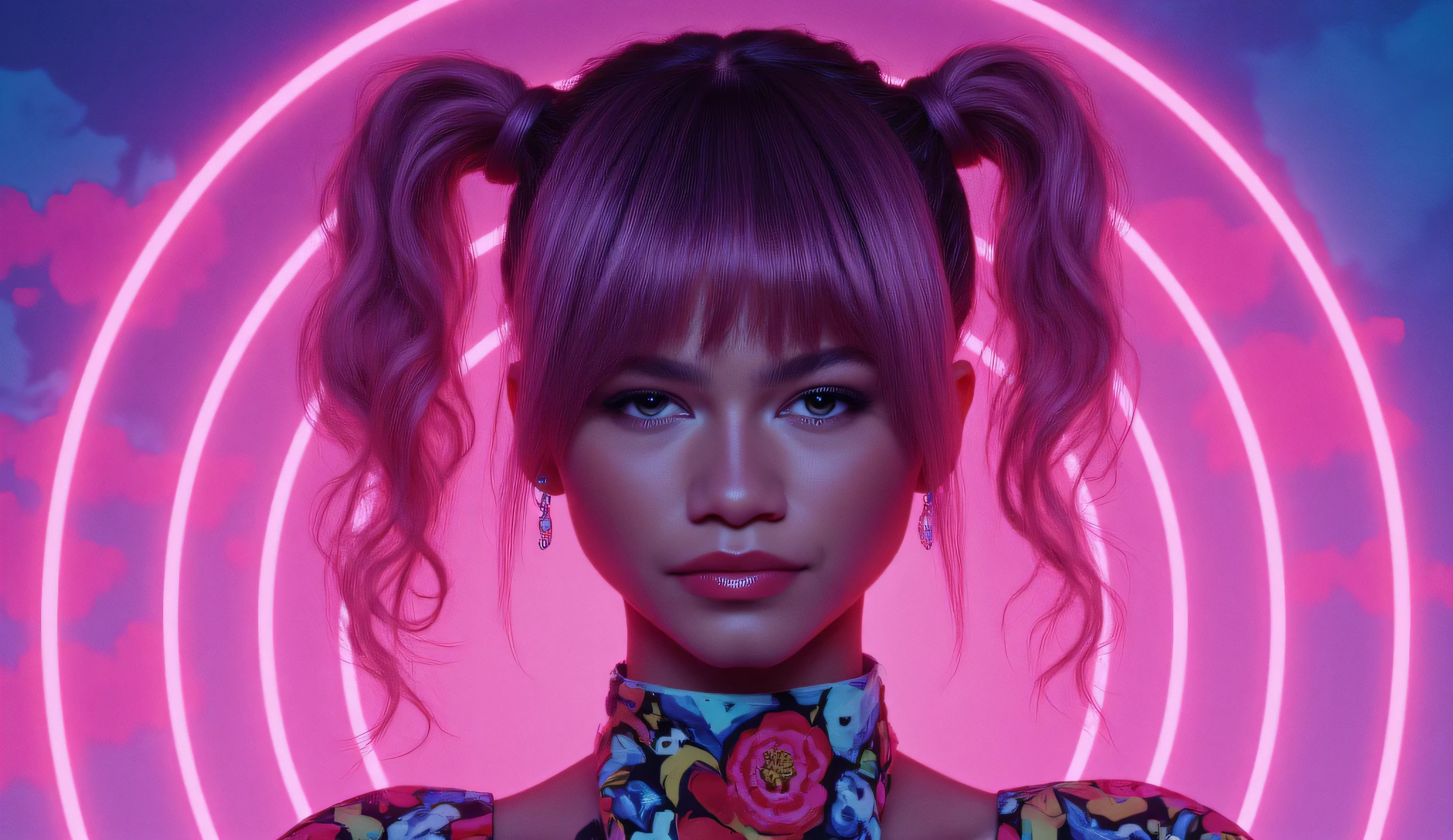 Vaporwave style. Art by Lois Van Baarle. Waist-up 25-year-old girl with and space buns. Retro aesthetic, cyberpunk, vibrant, neon colors, vintage 80s and 90s style, highly detailed, graphic illustration, graphic novel art, vibrant, cover art, dreamy, vector illustration, 2d flat, centered, by Tim Burton, professional, sleek, perfect composition, beautiful detailed intricate insanely detailed octane render trending on artstation, 8k